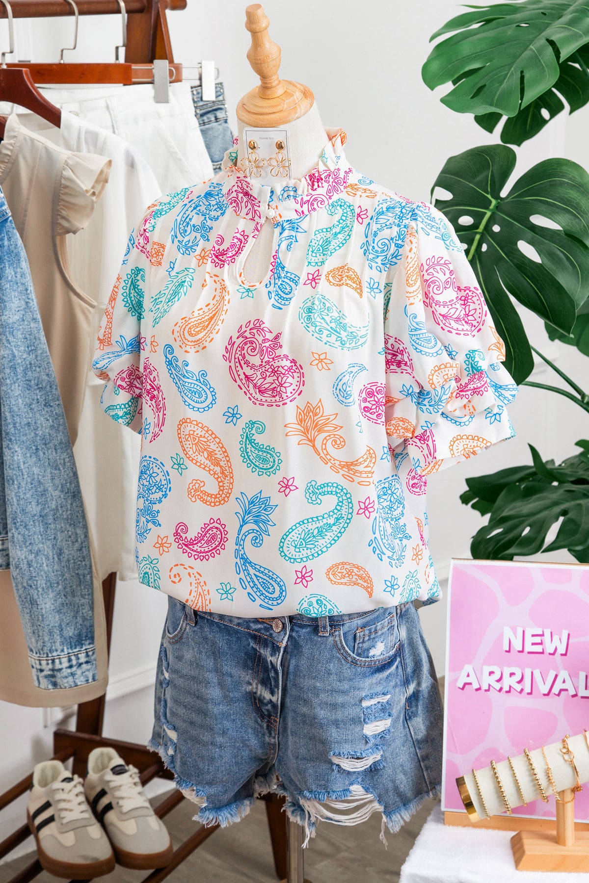 Multicolour Vibrant Paisley Button Keyhole Puff Sleeve Blouse
