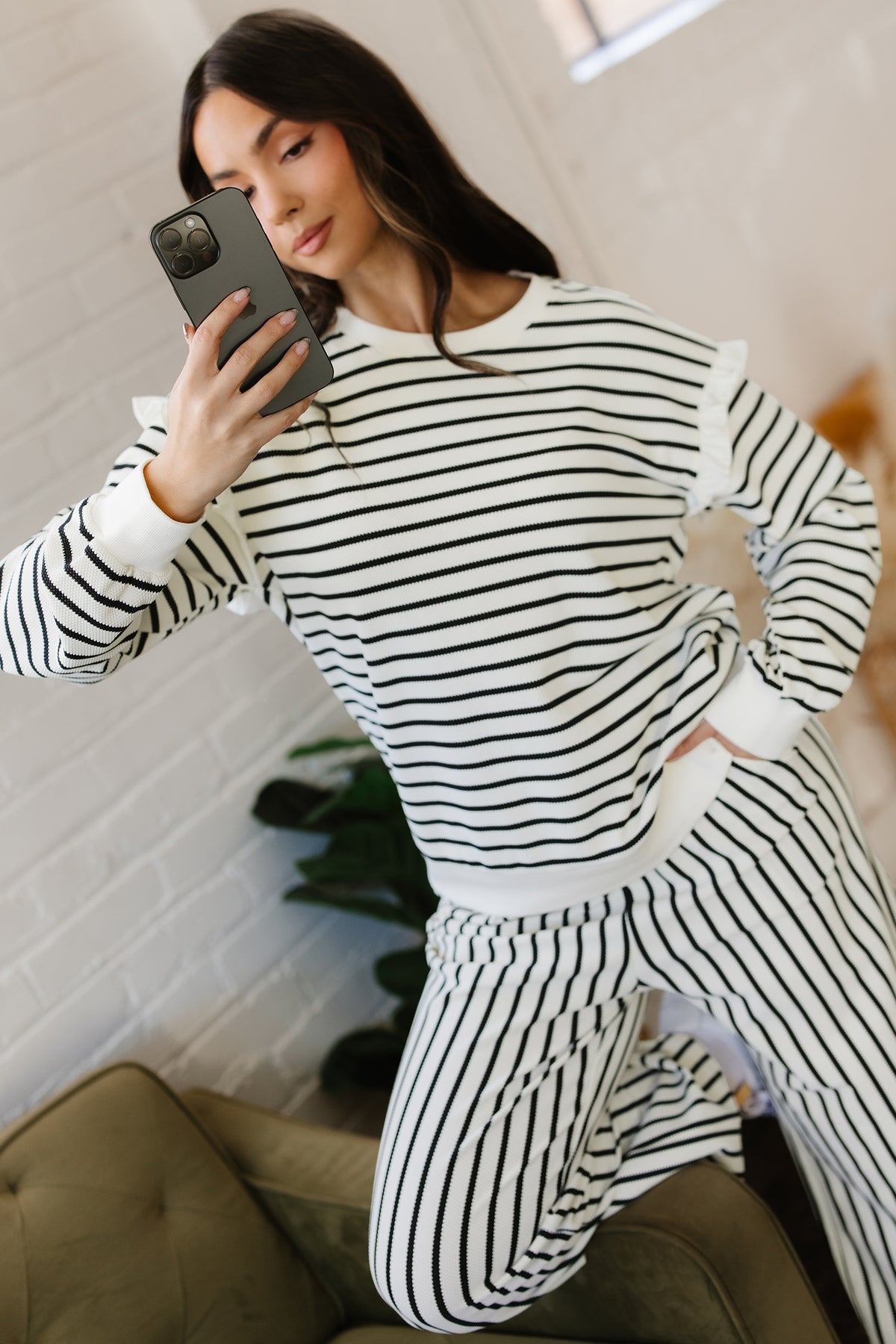 Women's White Stripe Ruffle Trim Drop Shoulder Top & Pants Two-Piece Set