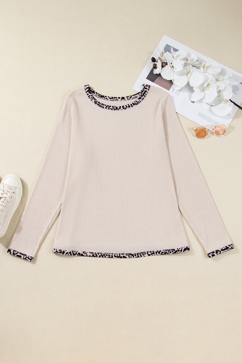 Parchment Ribbed Contrast Leopard Edge Round-Neck Plus Knit Top