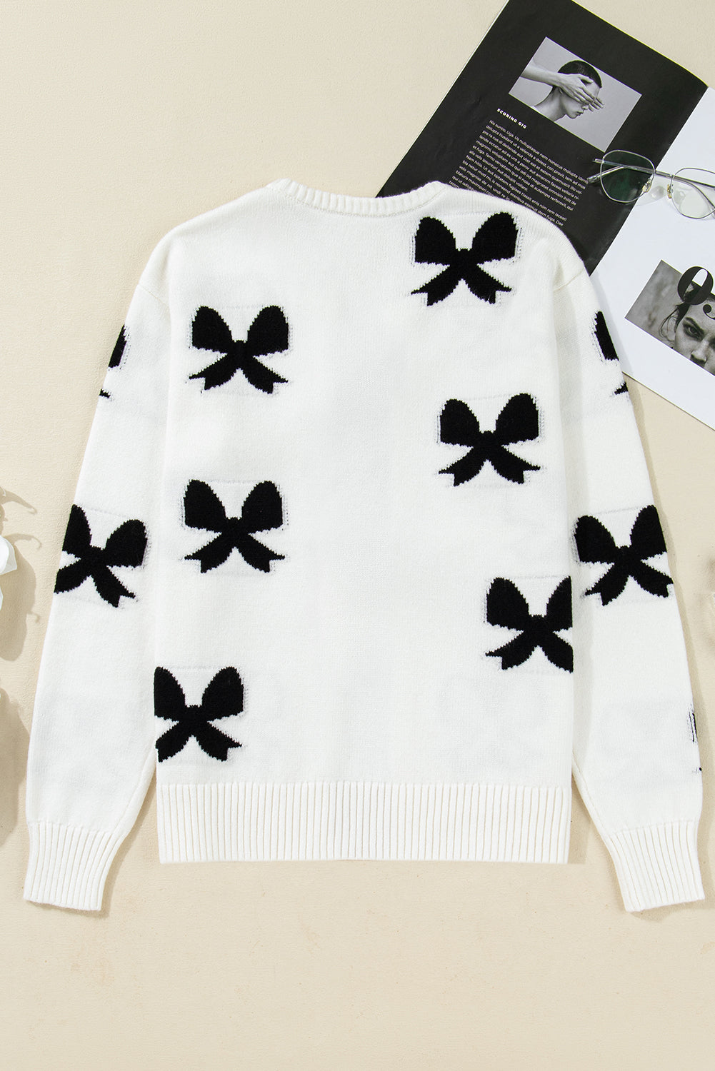 White Lace-up Bow Pattern Sweater Cardigan