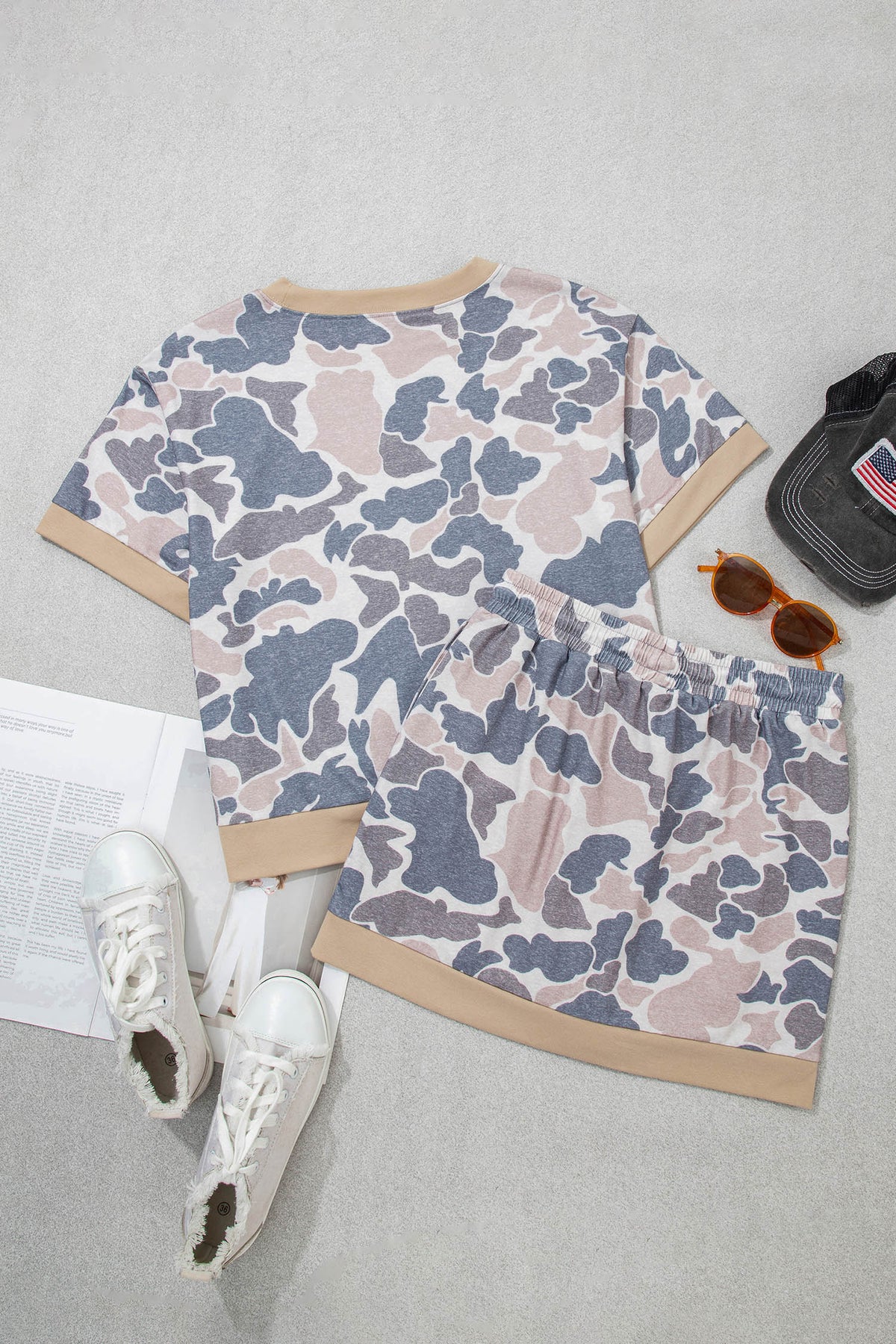 Women's Multicolour Retro Camouflage Color Block Trim Skort Two-Piece Outfit Set