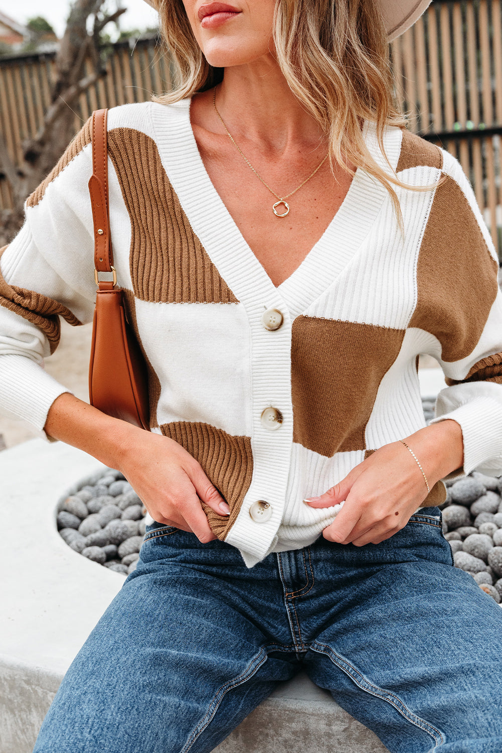 Khaki Checkered Pattern Ribbed Detail Button V Neck Sweater Cardigan