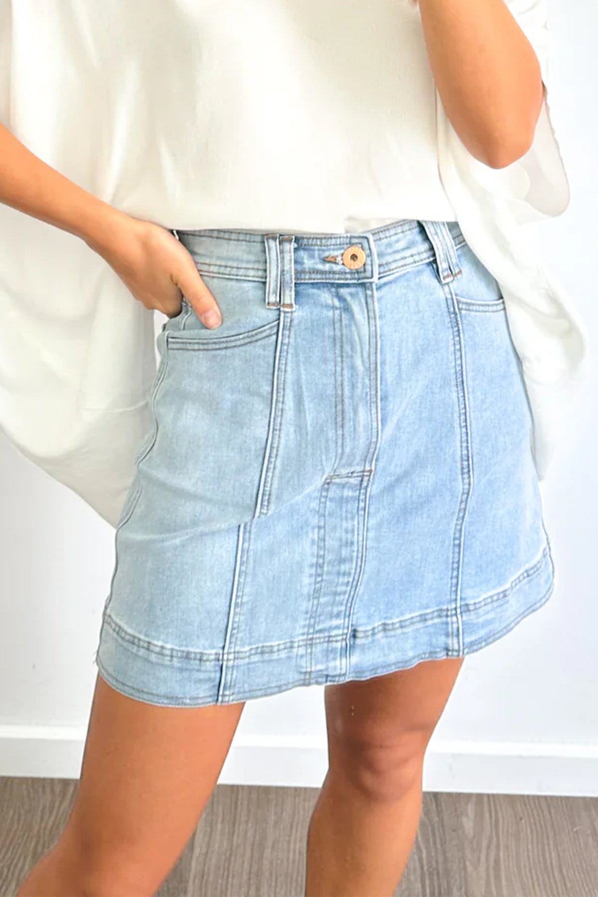 Beau Blue Exposed Seam A-line Denim Mini Skirt with Pockets