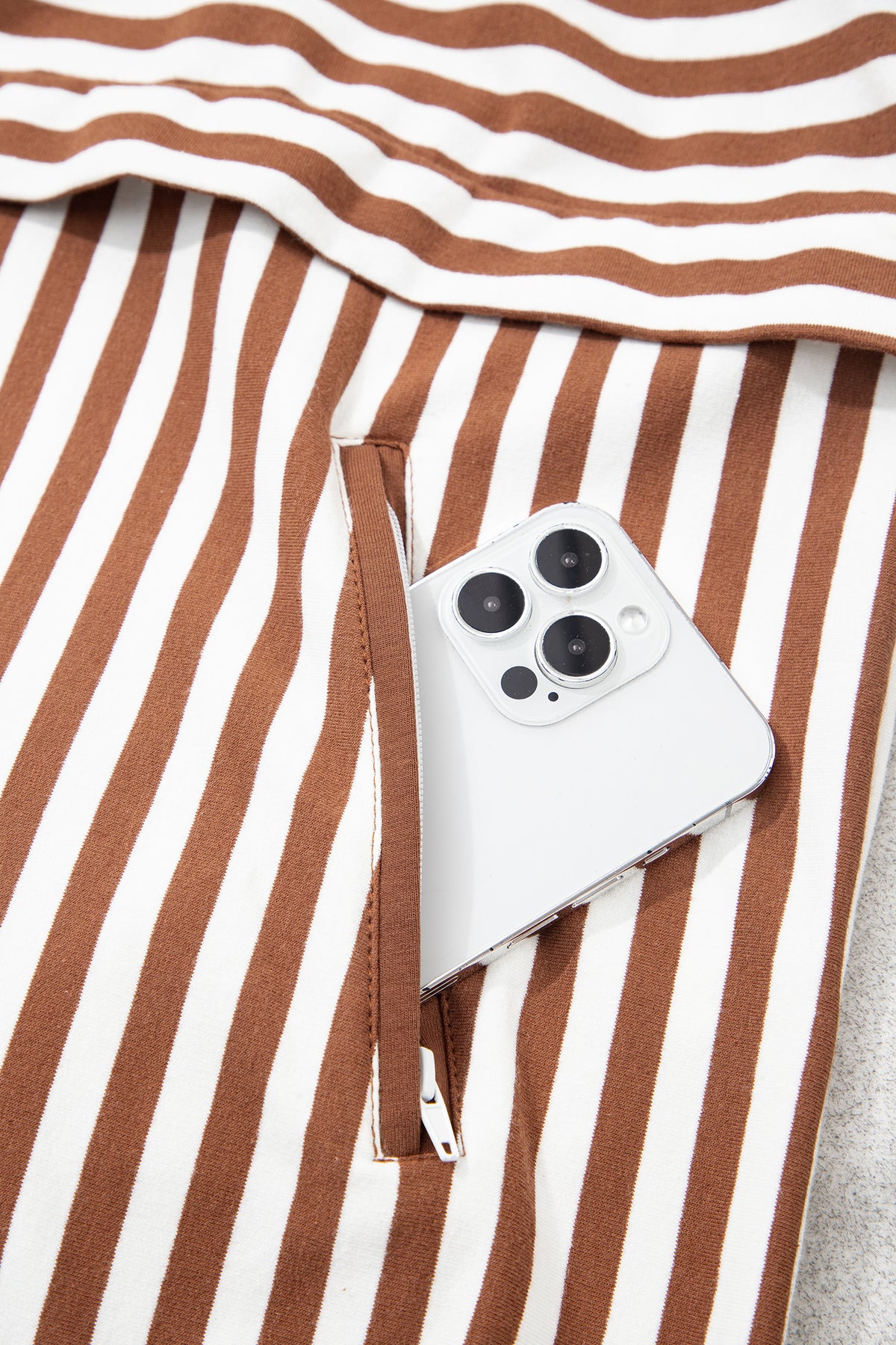 Women's Brown Stripe Color Block Patchwork Quarter Zip Pullover Sporty Shorts Set