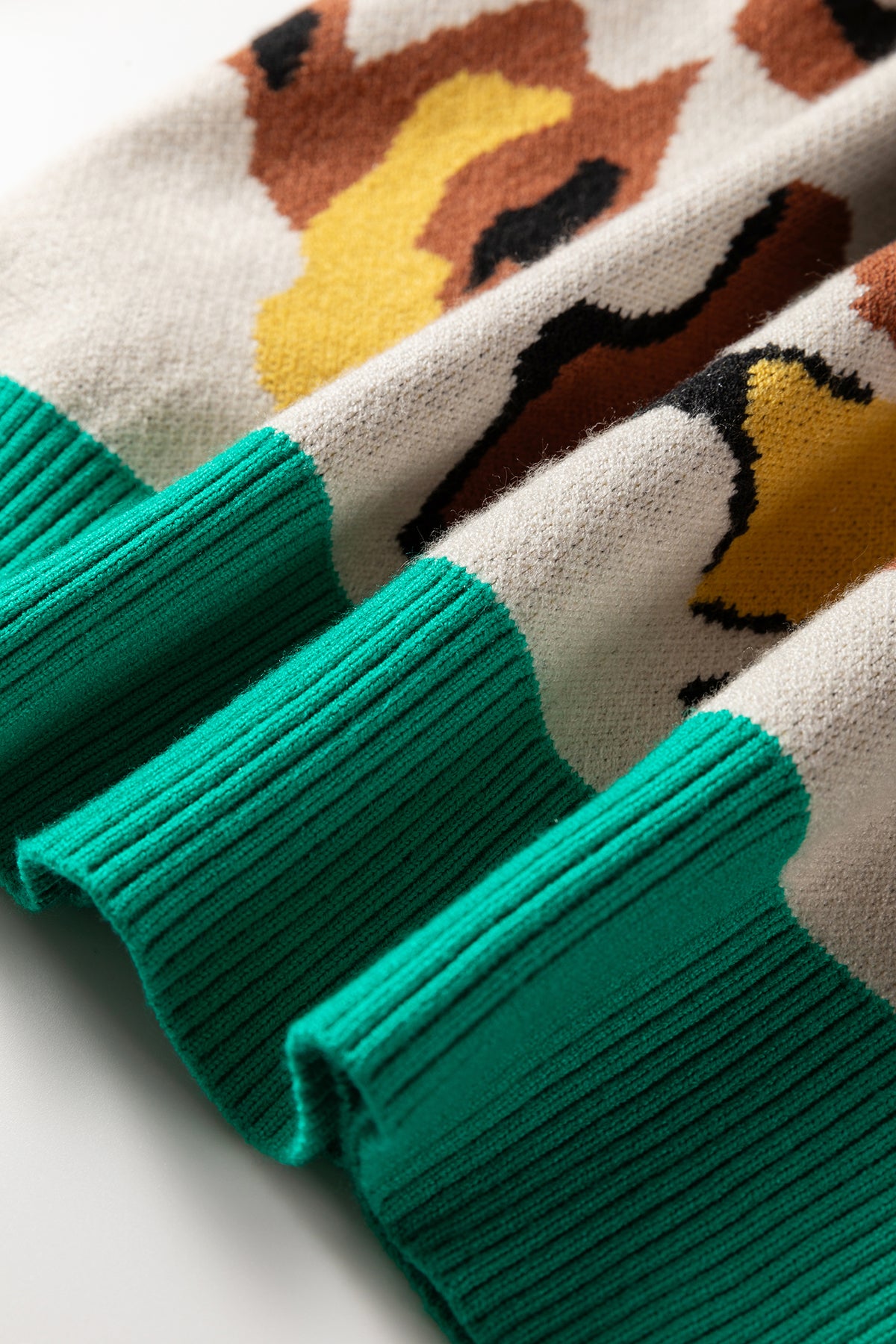 Apricot Contrast Ribbed Stripes Detail Animal Pattern Knit Sweater