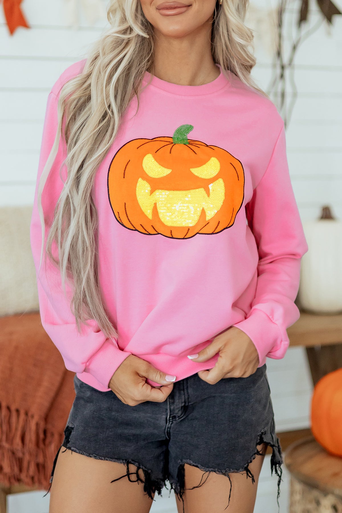 Pink Embroidered Pumpkin Face Round Neck Sweatshirt