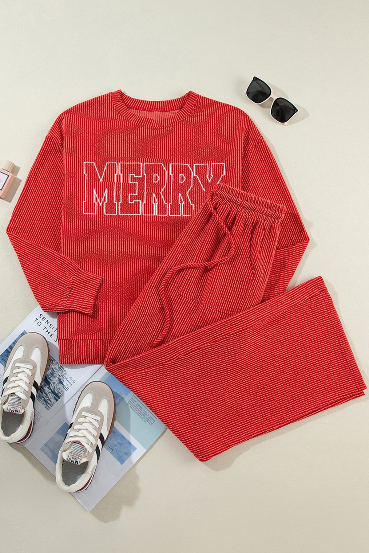 Women's Dark Green MERRY Corded Long-Sleeve Top & Pockets Pants Set