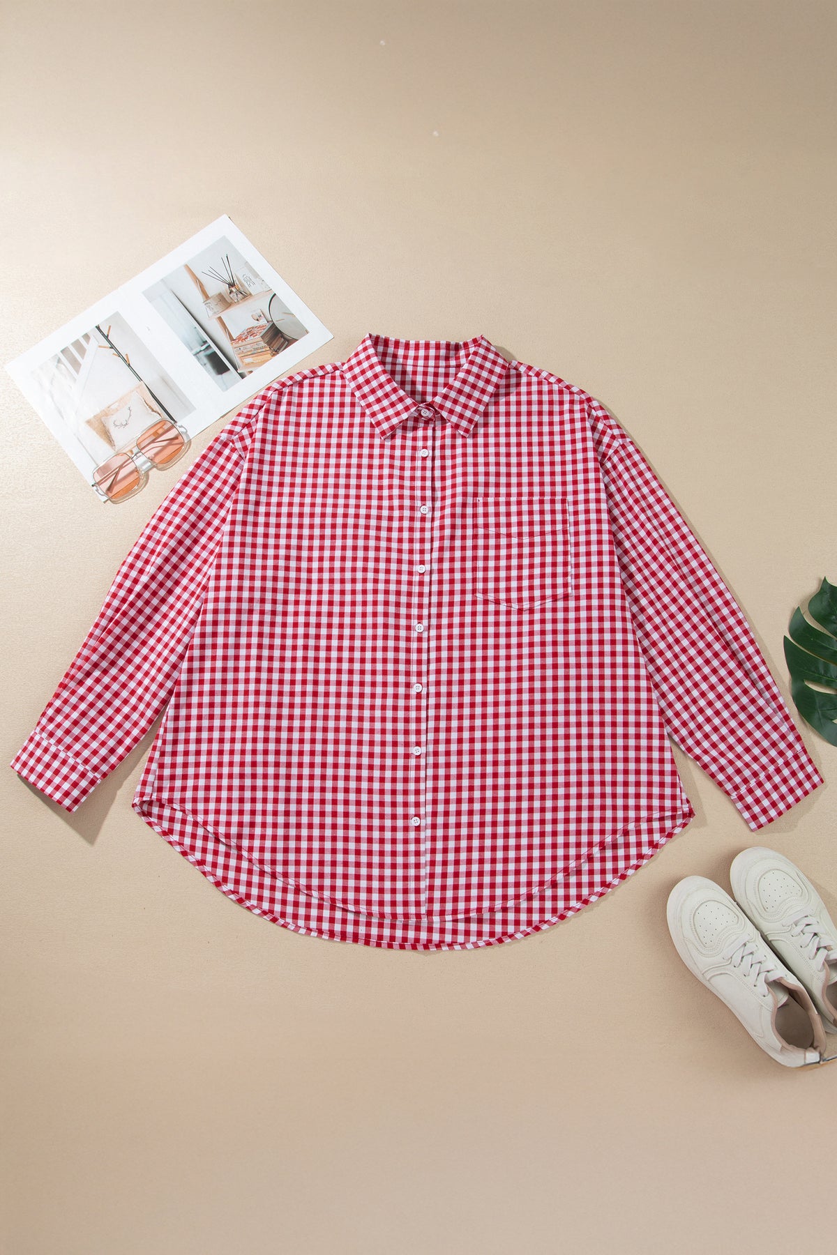 Red Plaid V-Neck Long-Sleeve Tunic Loose Fit Plus Size Shirt