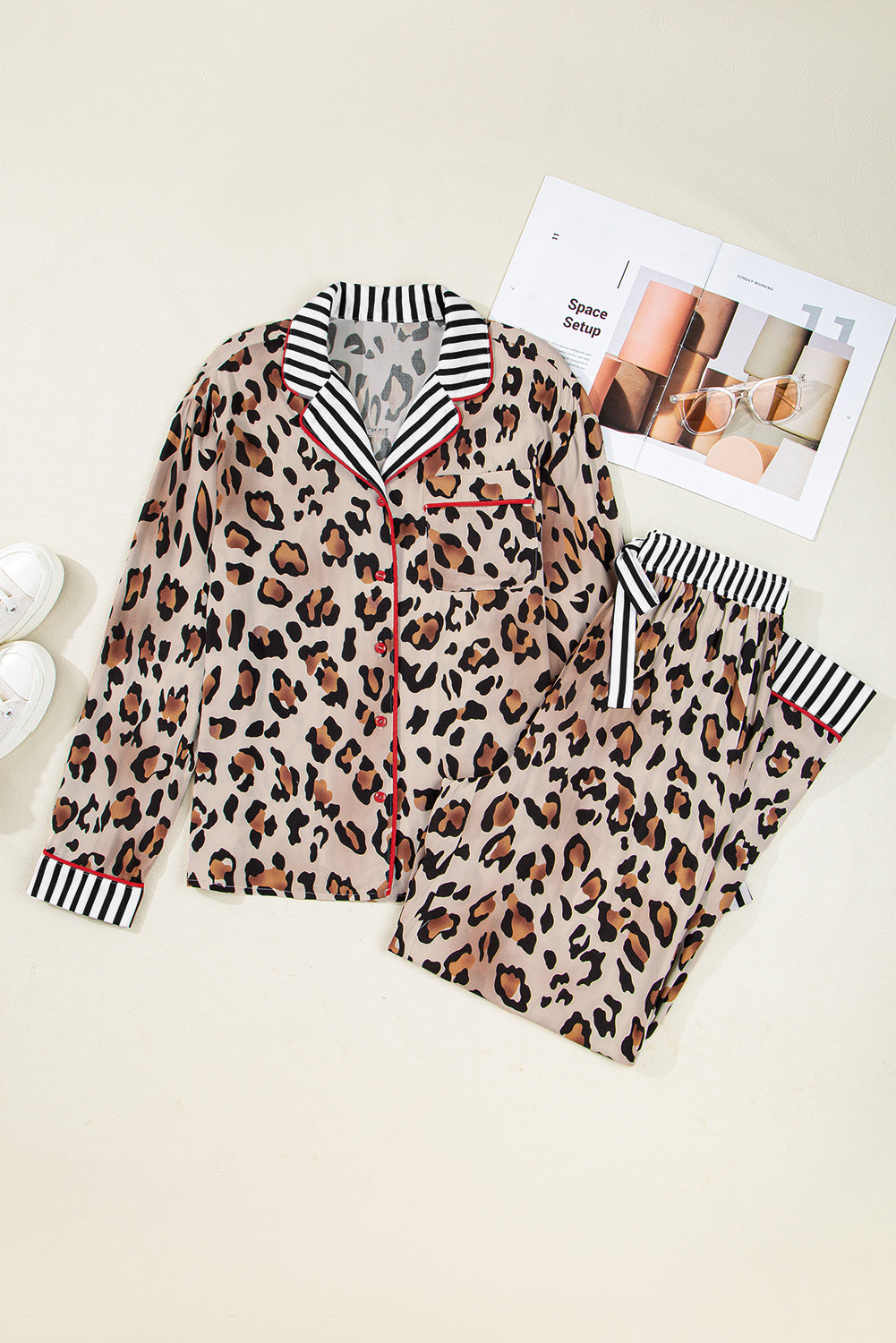 Khaki Leopard Print Colorblock Shirt and Pants Pajama Set