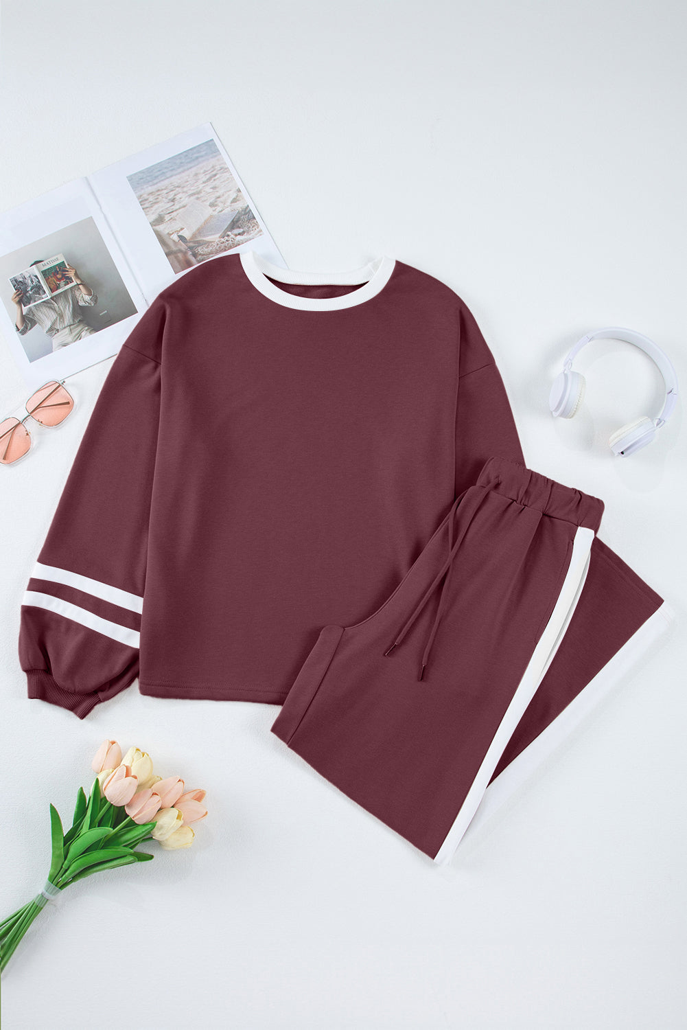 Women's Mineral Red Varsity Stripe Patchwork Puff Sleeve Pullover Wide Leg Pants Two-Piece Set
