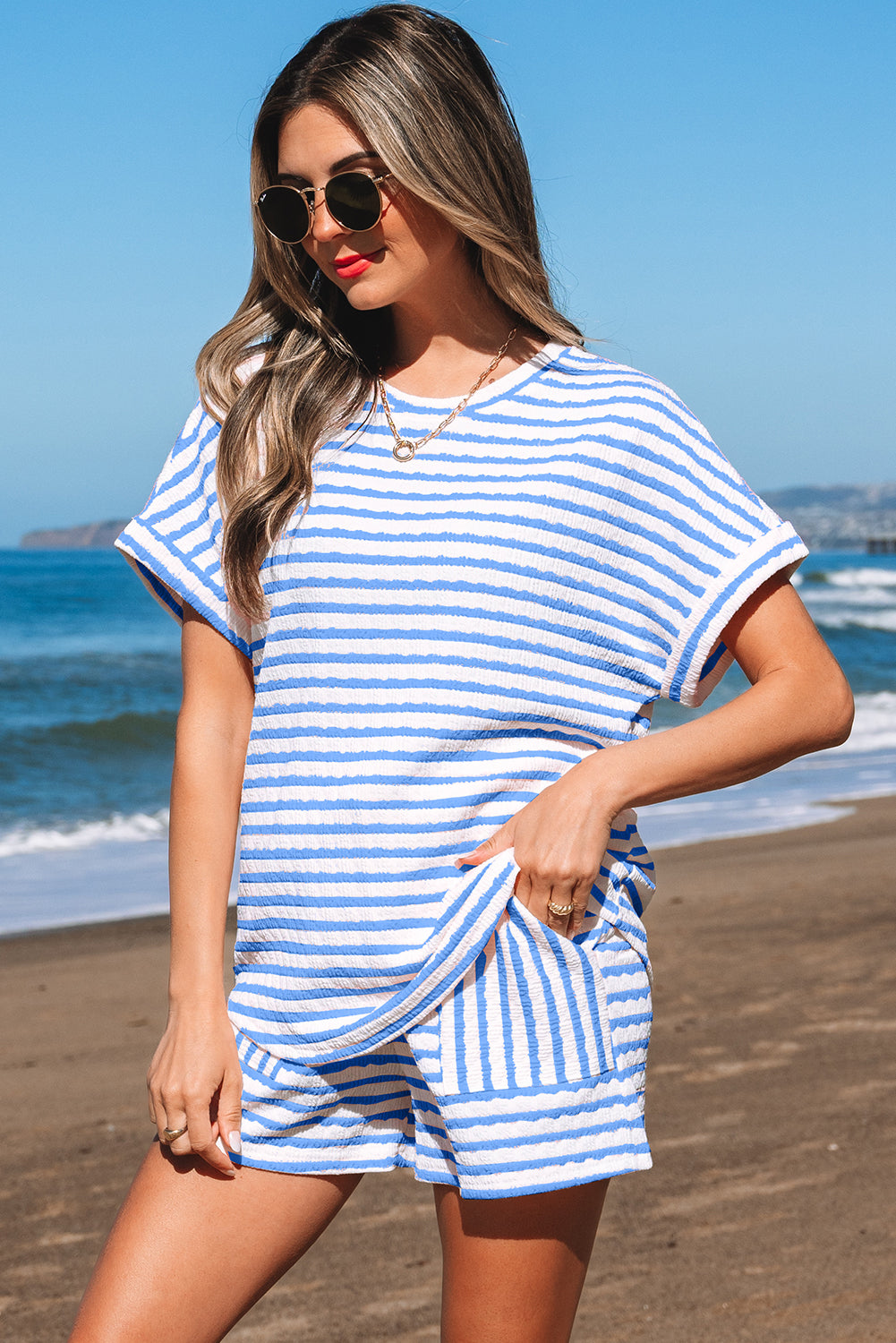 Women's Pink Stripe Knitted Short-Sleeve Top & Shorts Set