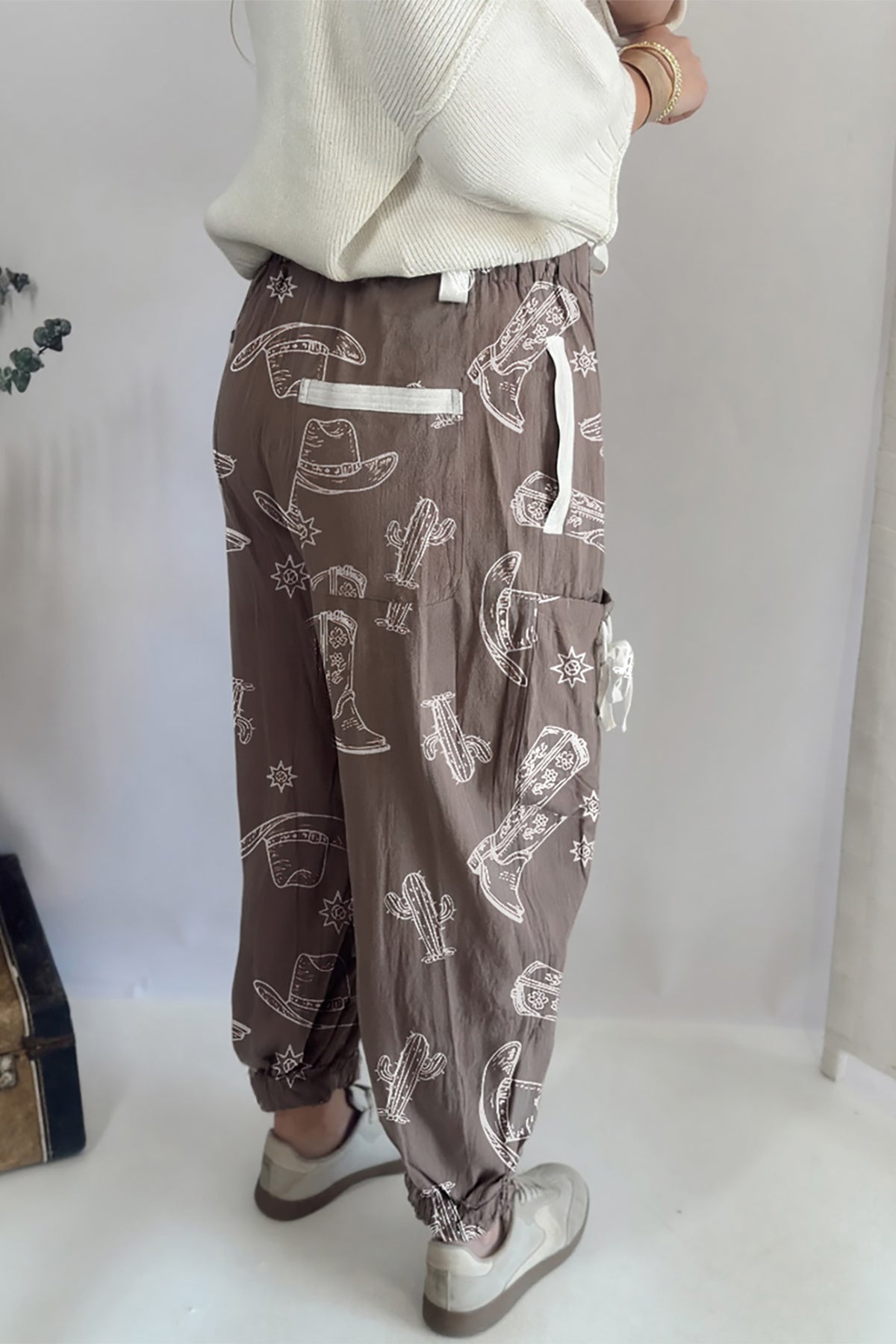 Khaki Western Cactus Cowgirl Hat Boot Printed Vintage Drawstring Pants