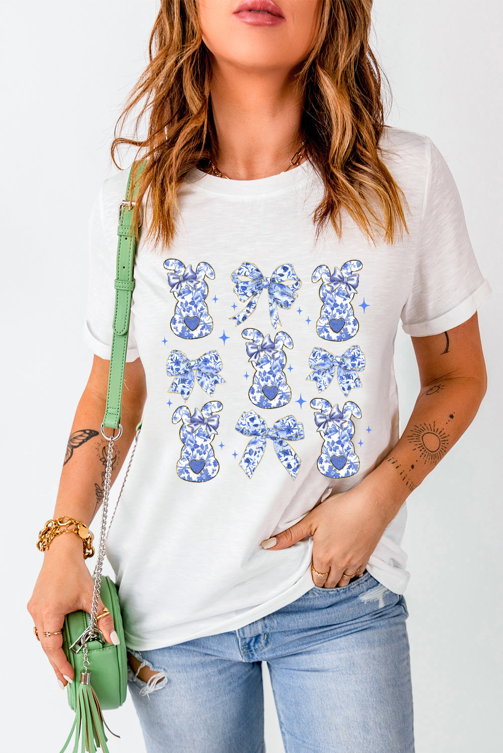White Bowknot Bunny Graphic Easter Fashion T-Shirt