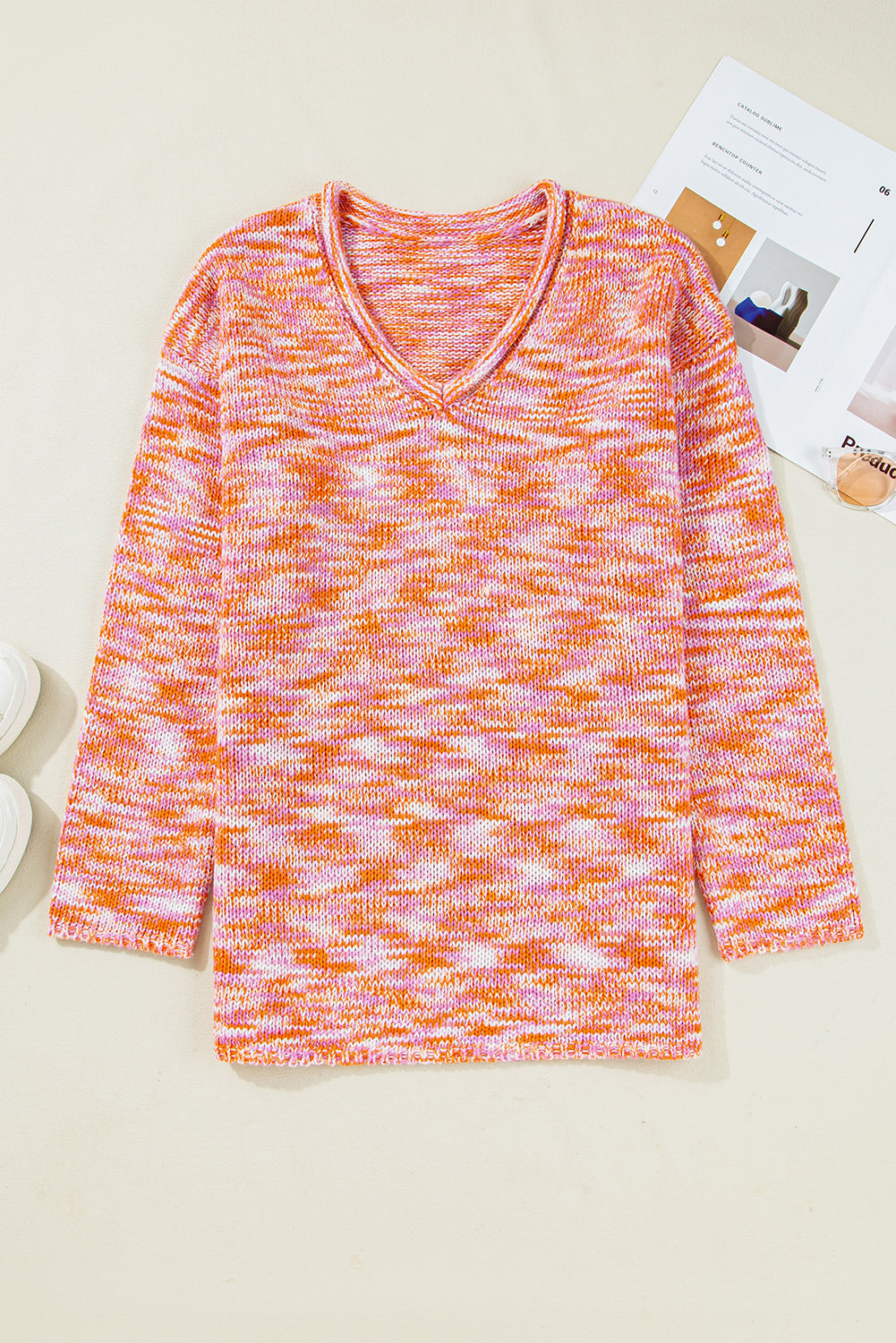 Orange Vibrant Abstract Print Drop Shoulder V Neck Tunic Oversized Sweater