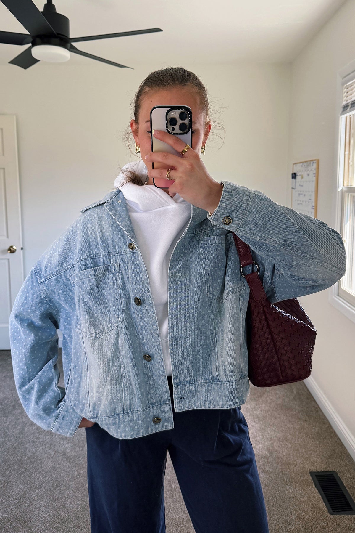 Sky Blue Polka Dot Long Sleeve Collar Pocket Denim Jacket