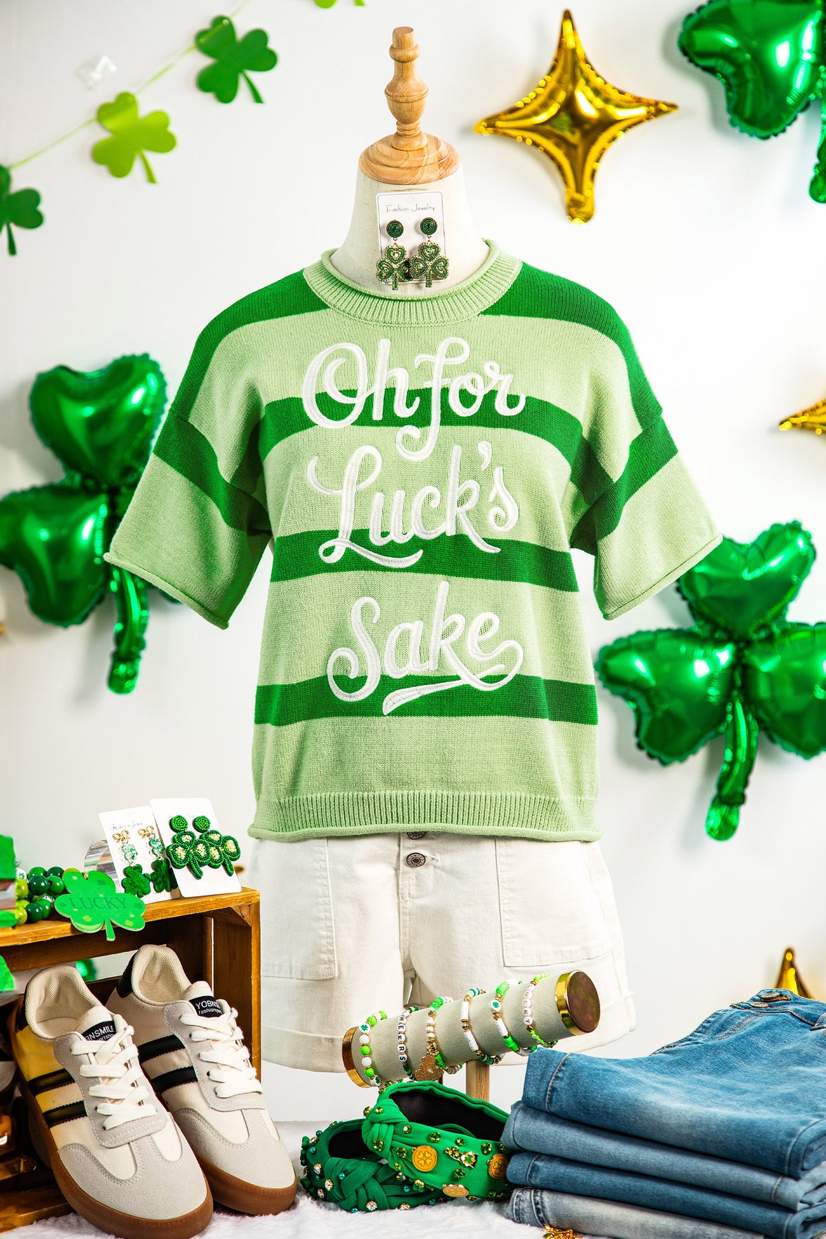 Green Stripe Oh for Lucks Sake St Patricks Day Short Sleeve Sweater