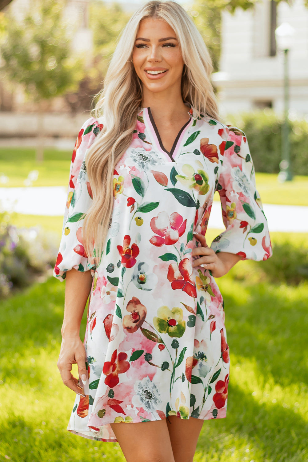 Red Floral Contrast Striped V Neck Puff Half Sleeve Shift Dress