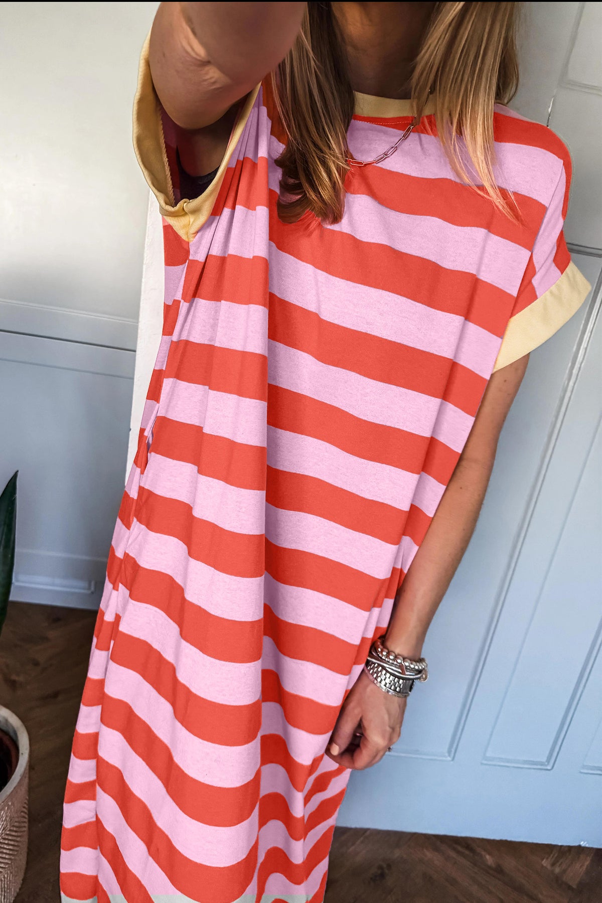 Rose Stripe Cuffed Short Sleeve Pocketed T-Shirt Long Dress
