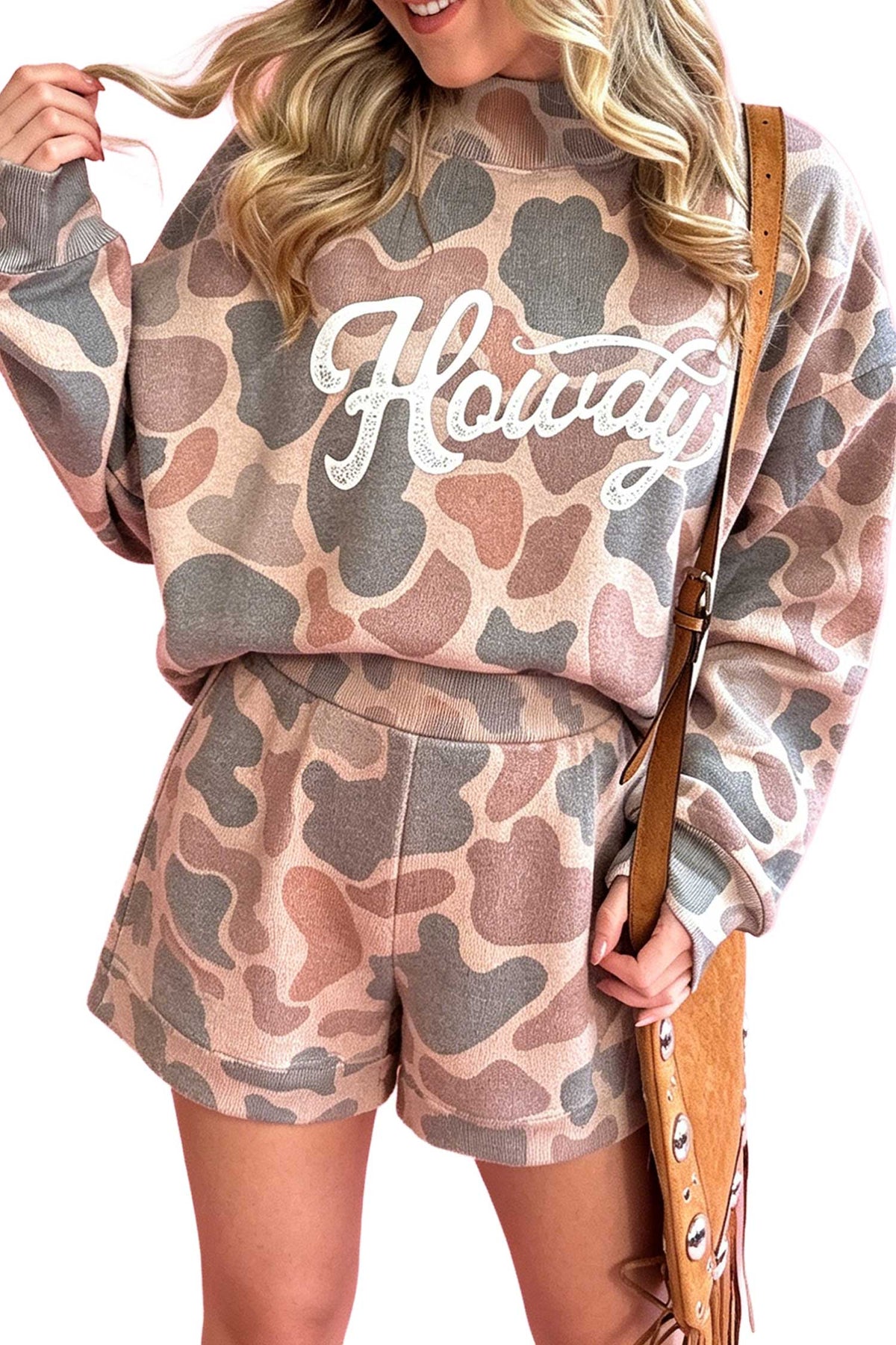Women's Multicolour Howdy Camouflage High-Neck Long-Sleeve Top and Shorts Set