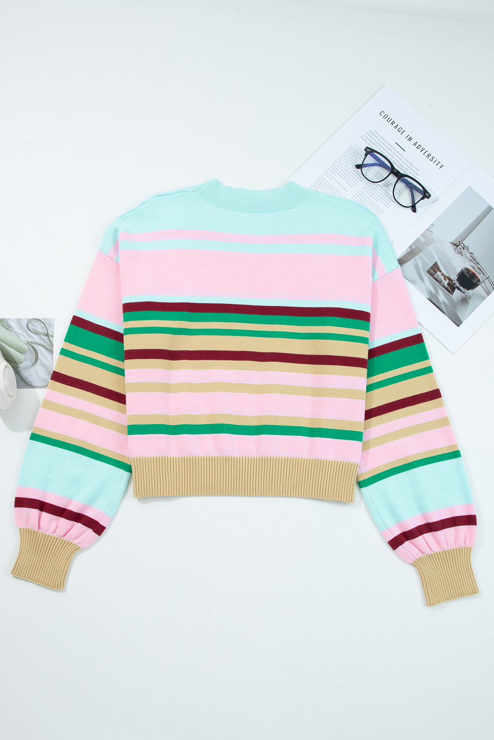 Multicolour Striped Knit Ribbed Trim Boxy Fit Cropped Sweater