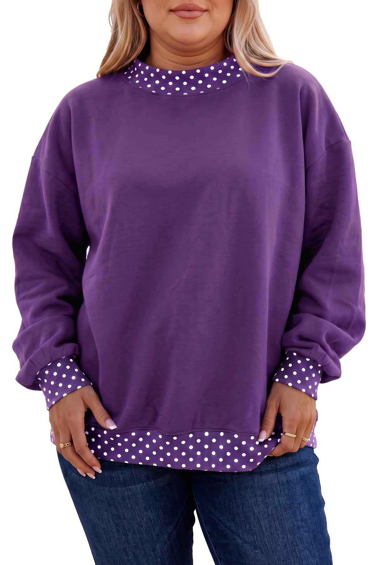 Red Polka Dot Patchwork Round Neck Plus Size Sweatshirt