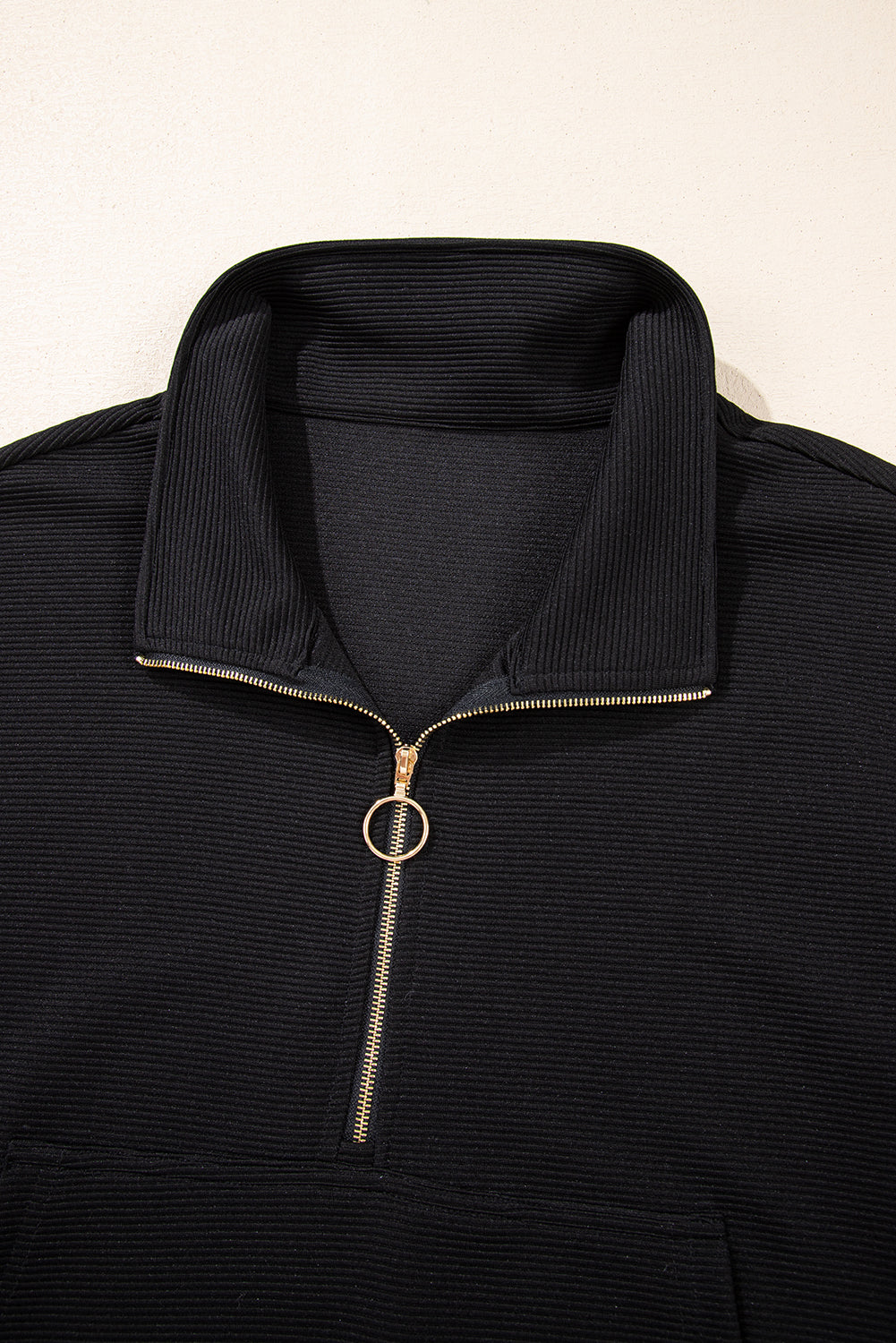 Women's Black Textured Half Zip Kangaroo Pocket Top Shorts Set