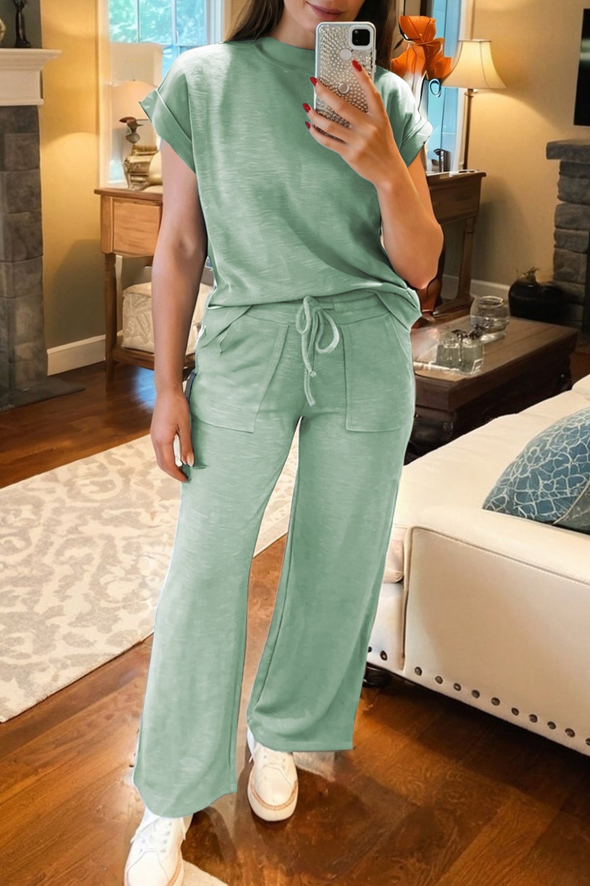 Women's Canton Cuffed Short-Sleeve Tee Raw Seam Patch Pocket Drawstring Pants Set