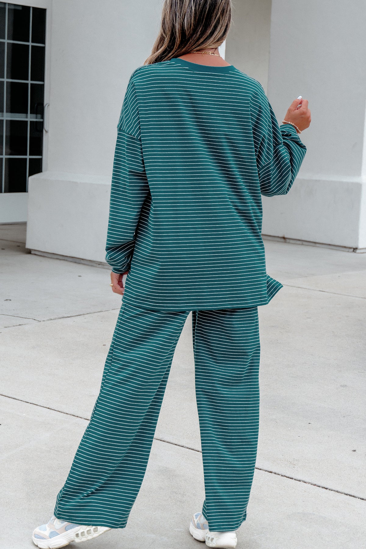 Women's Green Stripe Dropped Shoulder Long-Sleeve Top Pants Two-Piece Set