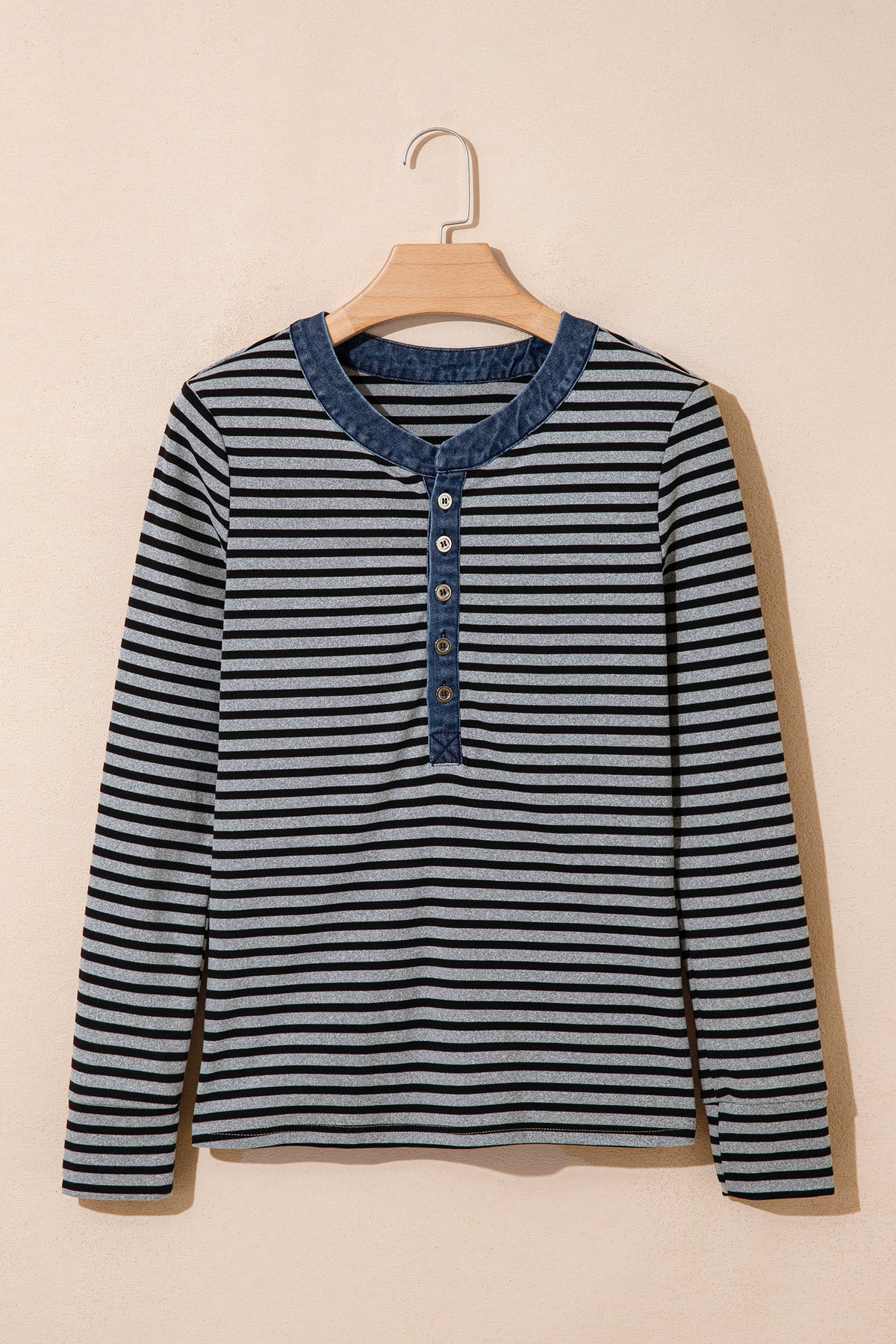 Gray Stripe Denim Contrast Collar Half Button Top