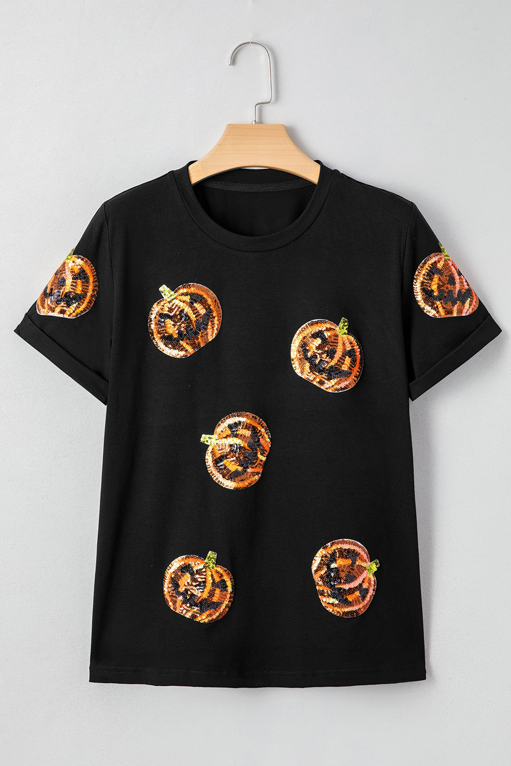 Black Sequin Pumpkin Face Halloween T-Shirt