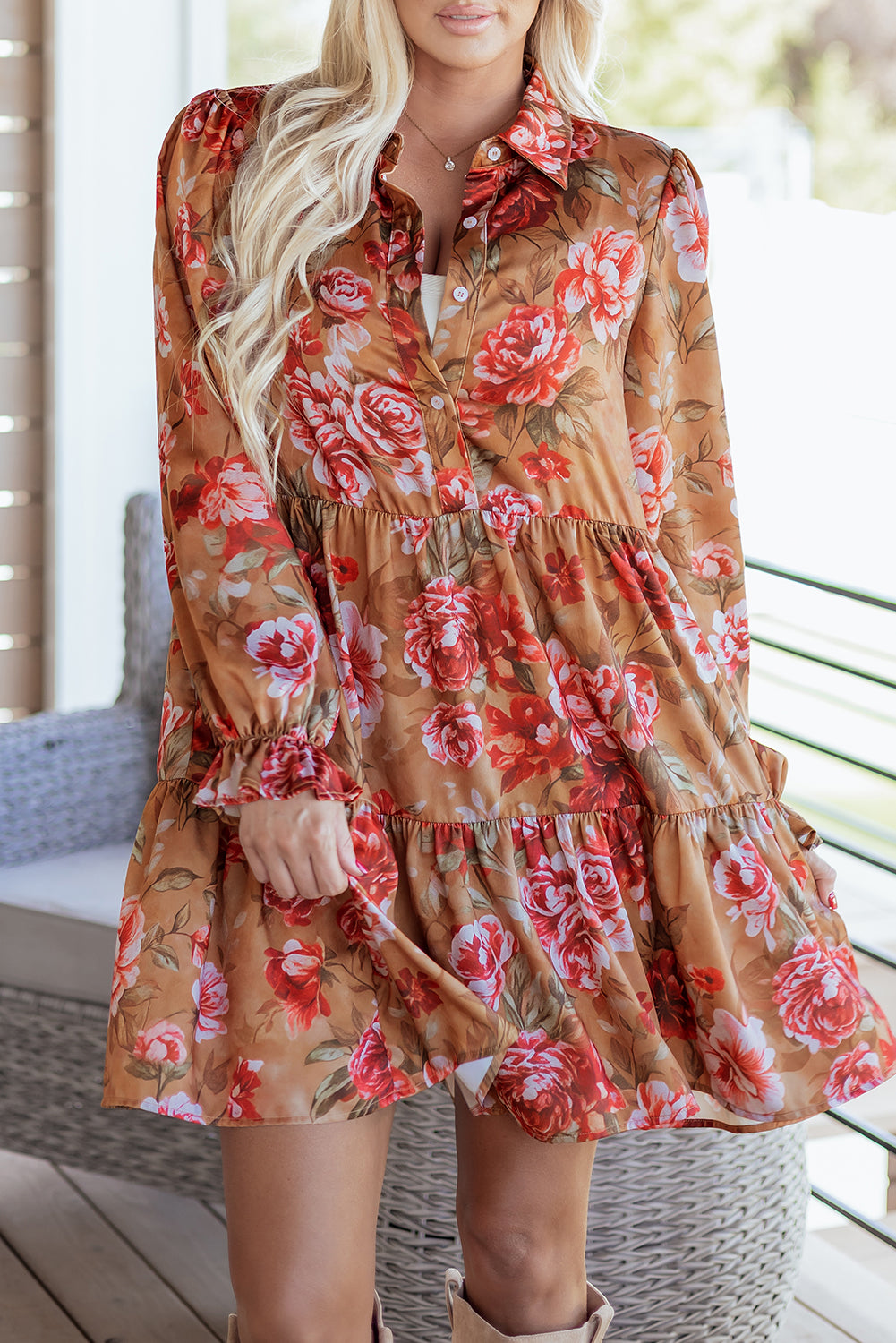 Brown Vintage Floral Print Half Button Long Sleeve Ruffle Mini Dress