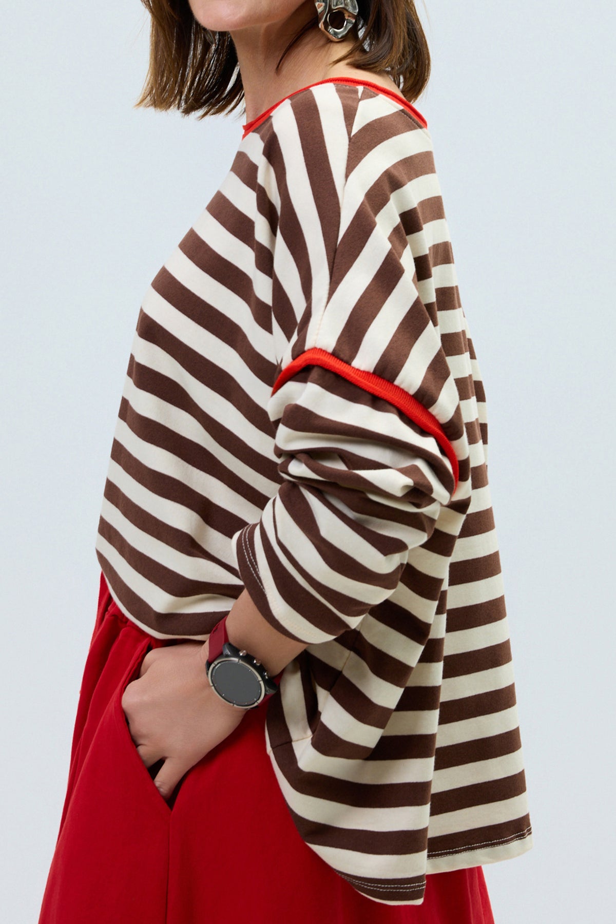 Brown Stripe Contrast Trim Round Neck Top