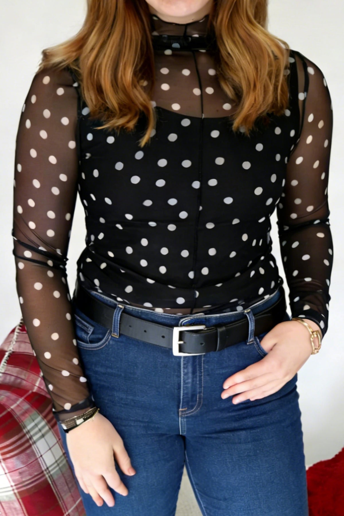 Black Plus Size Mock Neck Polka Dot Long-Sleeve Mesh Top