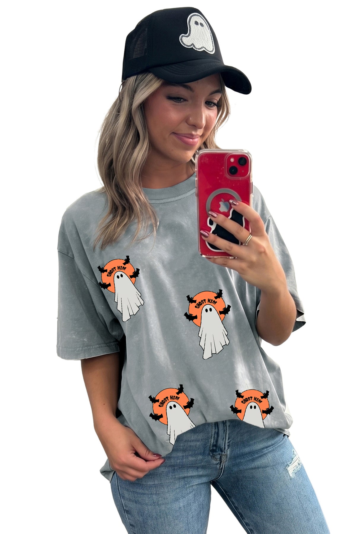 Gray Halloween Ghost Print Short Sleeve Fit T Shirt