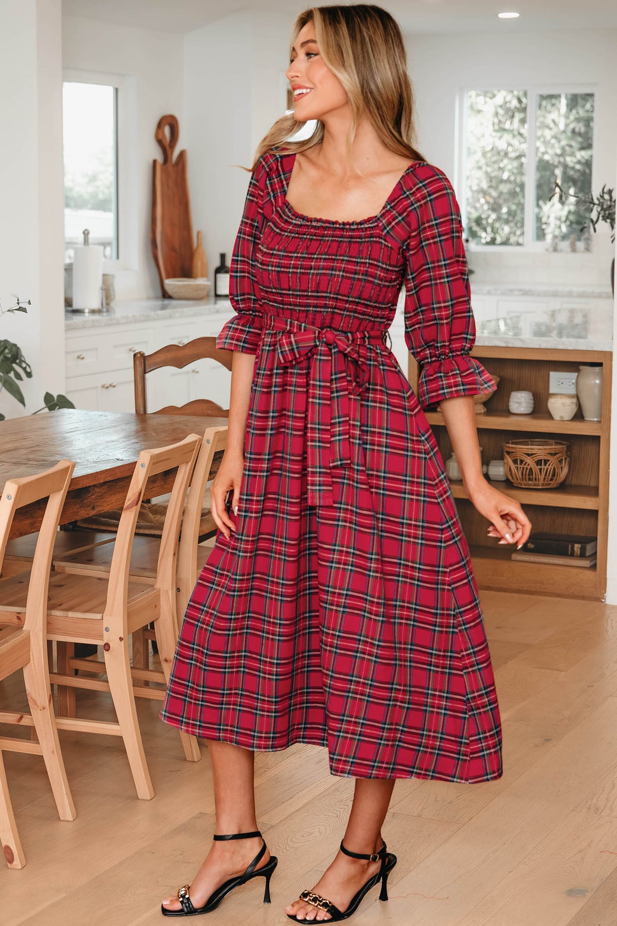 Green Tartan Plaid Square Neck Puff Sleeve Waist Flared Midi Dress