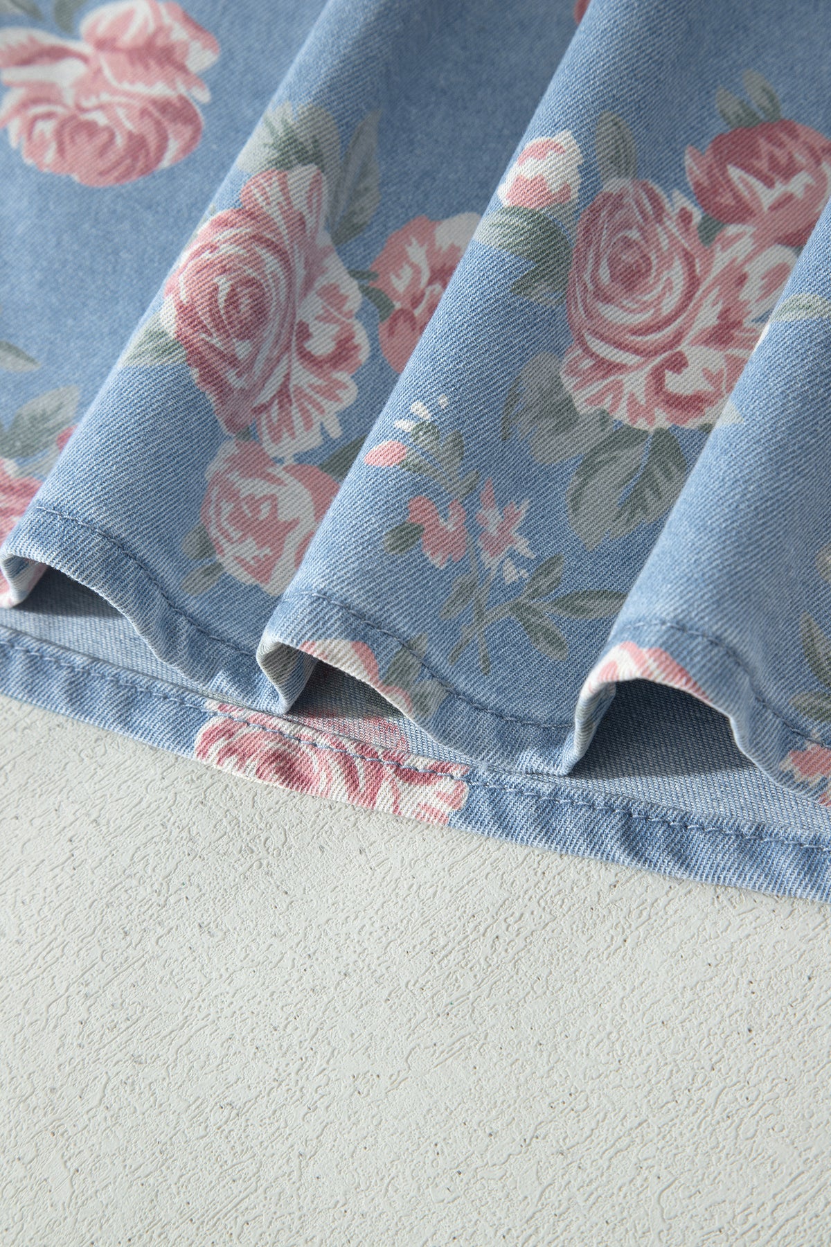 Women's Sky Blue Floral Denim Short-Sleeve Top Loose Shorts Two-Piece Set