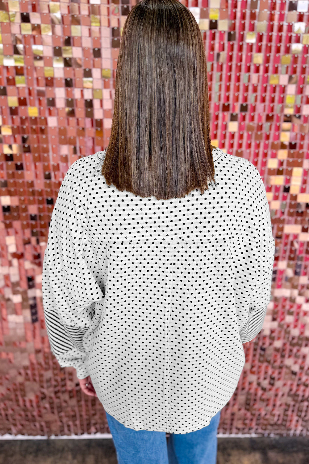 Beige Plus Size Dot Print Striped Patchwork Long-Sleeve Henley Top