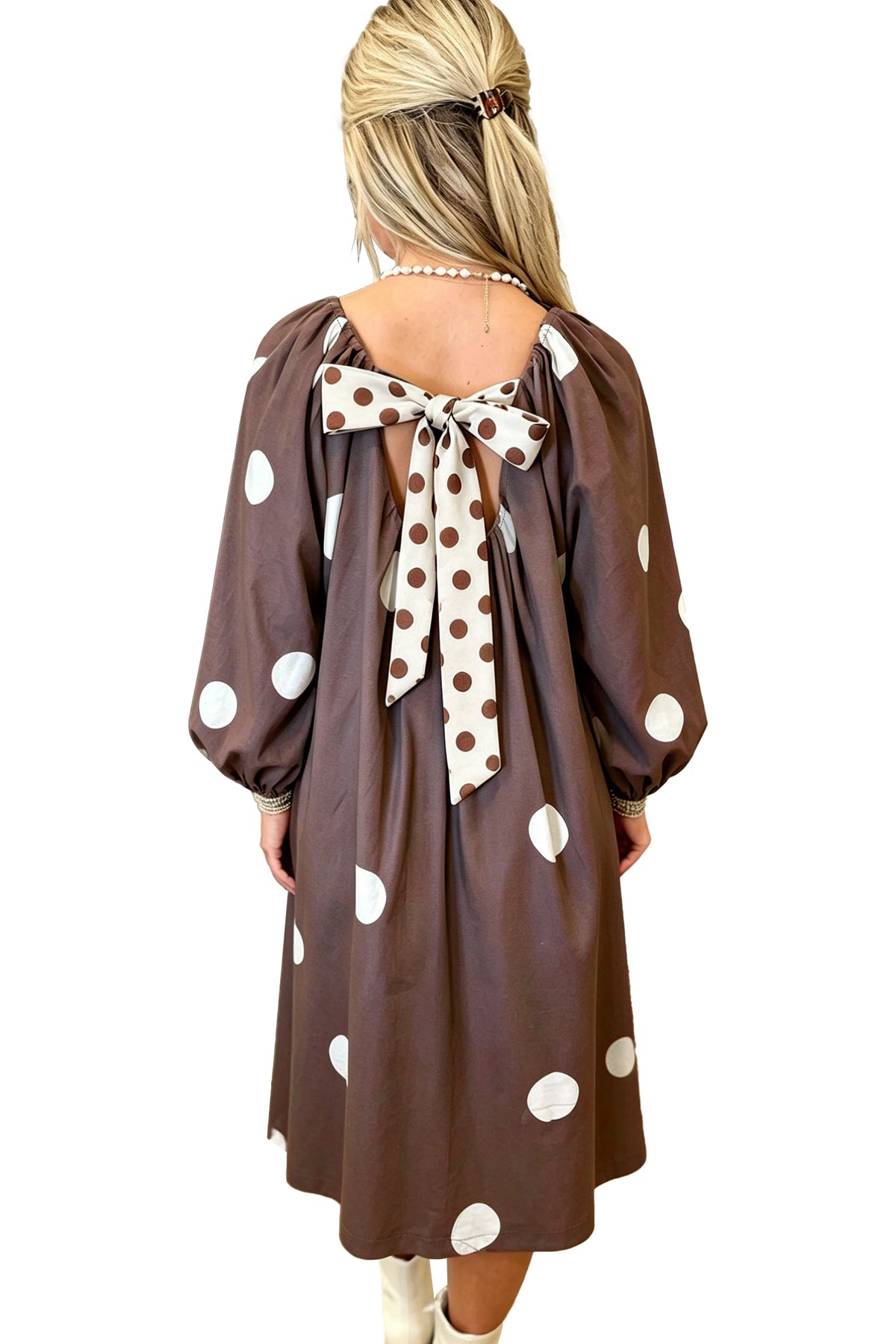 Brown Polka Dot Bow Midi Dress
