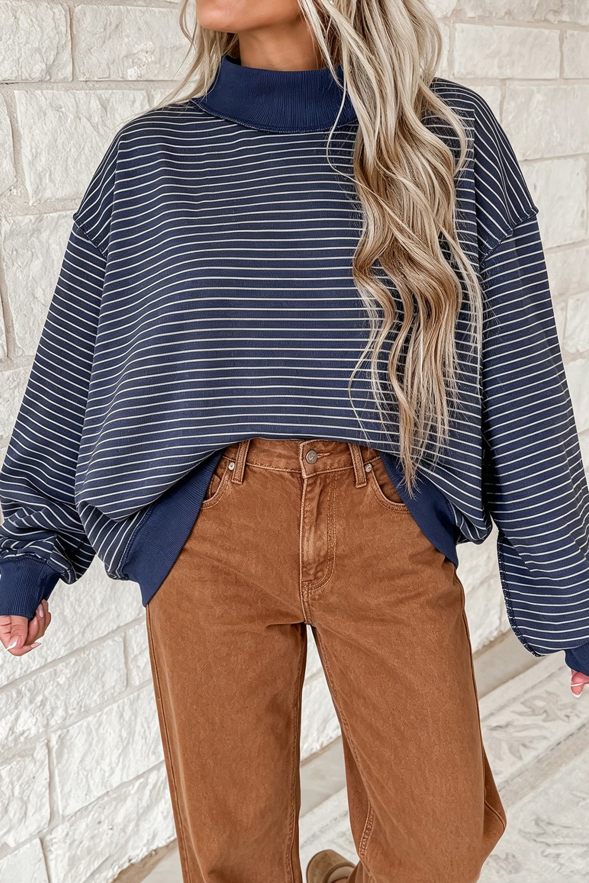 Khaki Stripe Ribbed Mock Neck Oversized Sweatshirt
