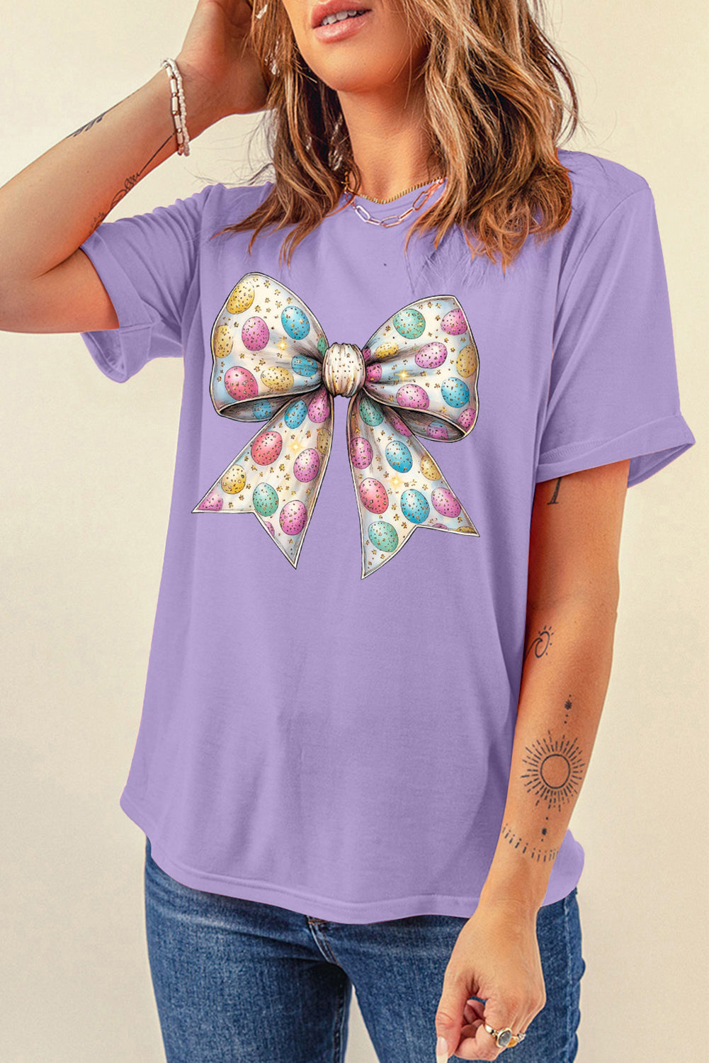 Wisteria Celebrative Easter Eggs Bow Print Casual T-Shirt