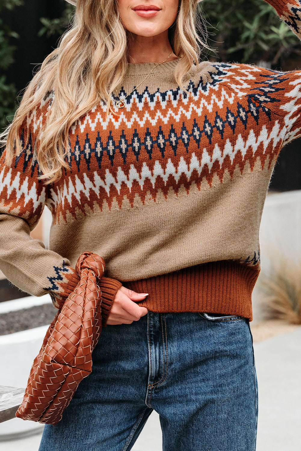 Khaki Aztec Print Colorblock Crew Neck Sweater