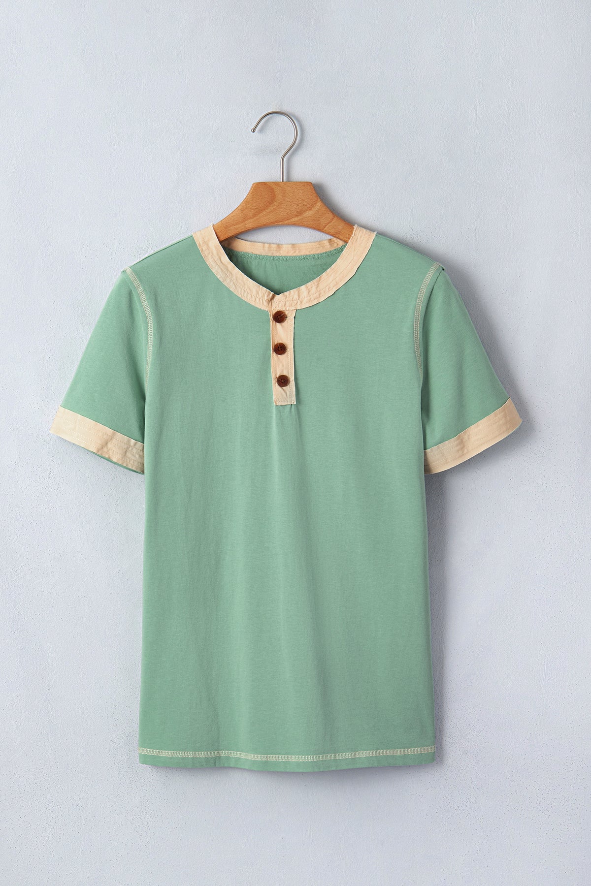 Light Grey Raw Seam Color Block Detail Buttoned Henley Tee