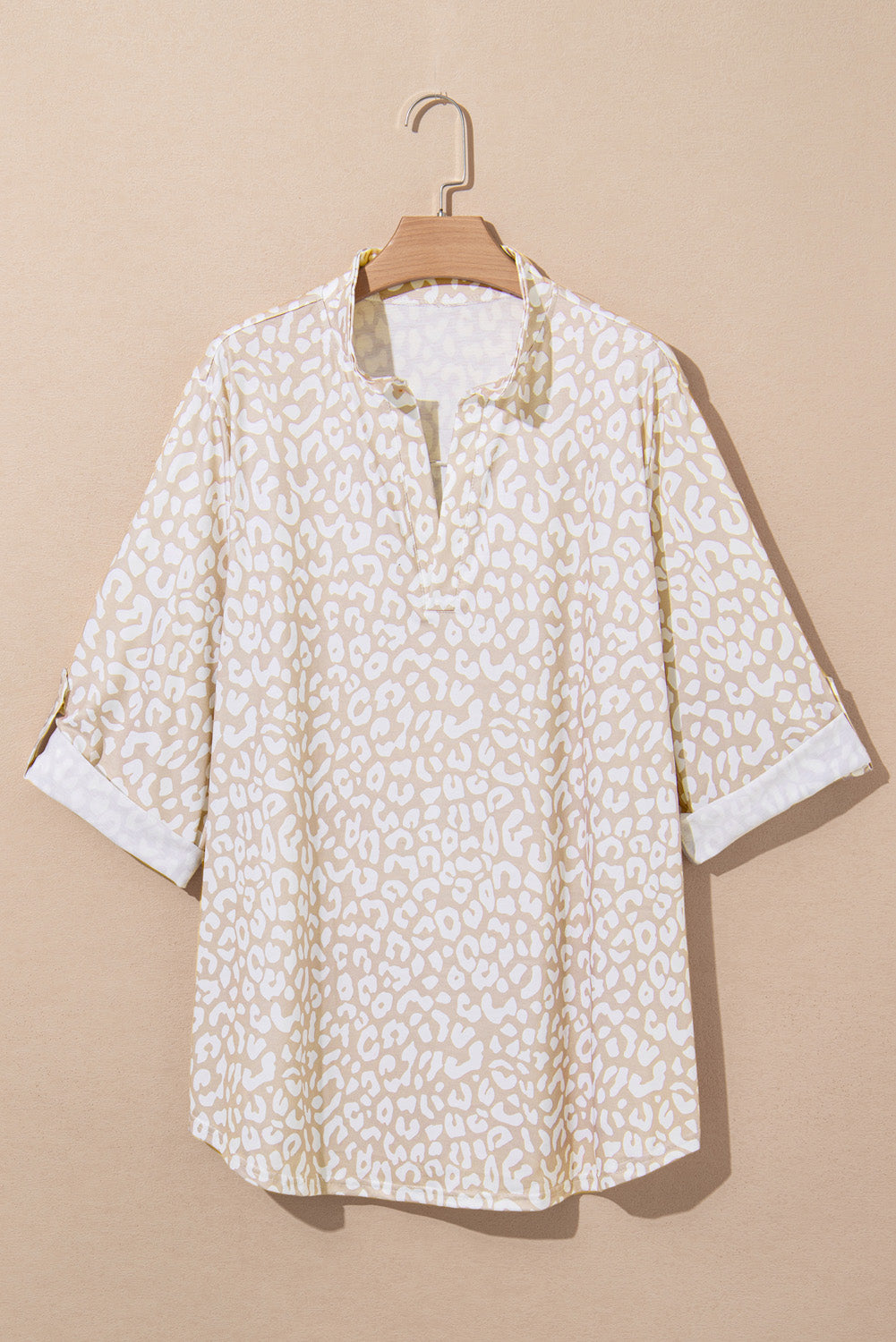 Apricot Leopard Tab Sleeve V-Neck Plus Size Top