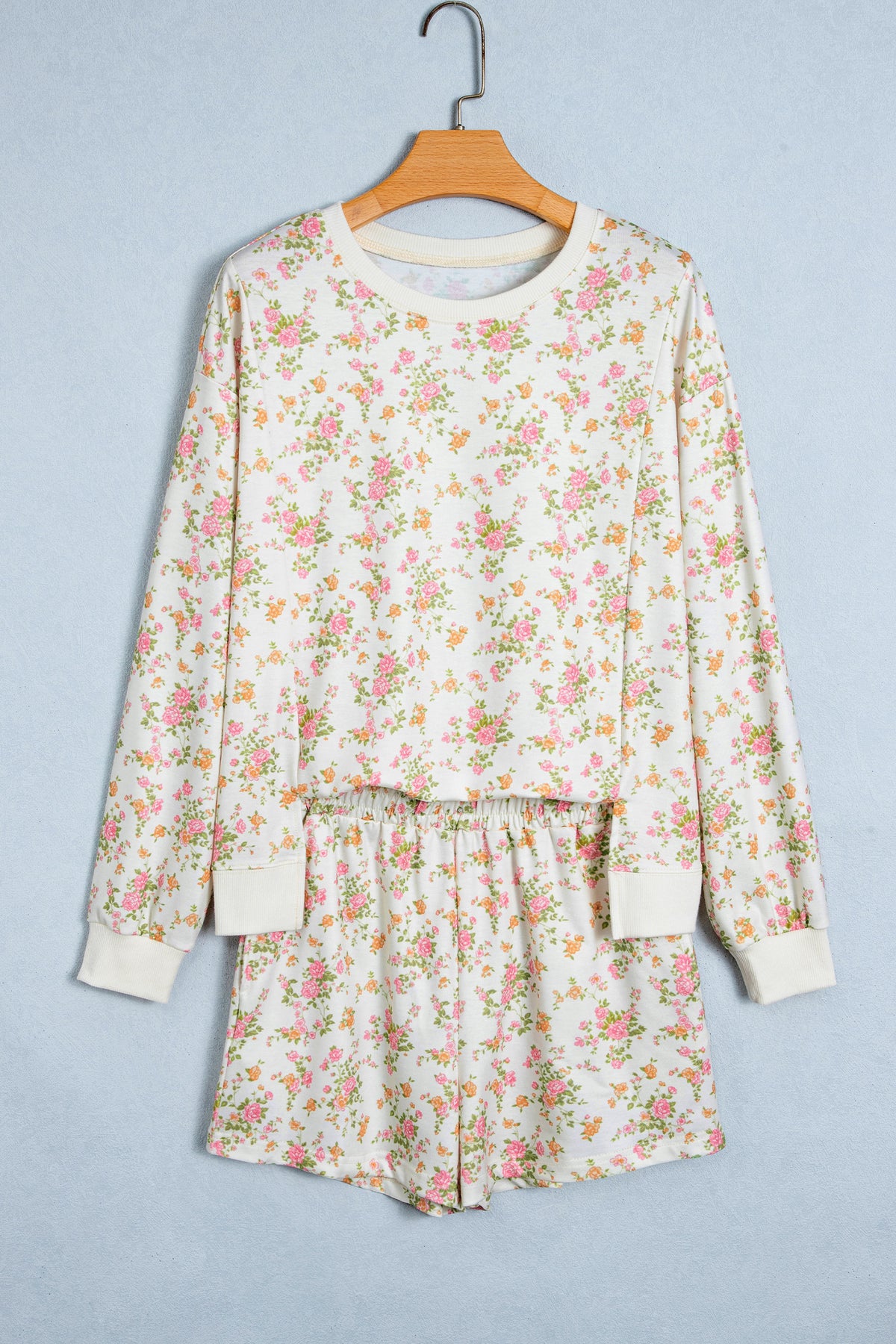 Women's Beige Floral Print Long-Sleeve Shift Top Pocketed Shorts Two-Piece Set