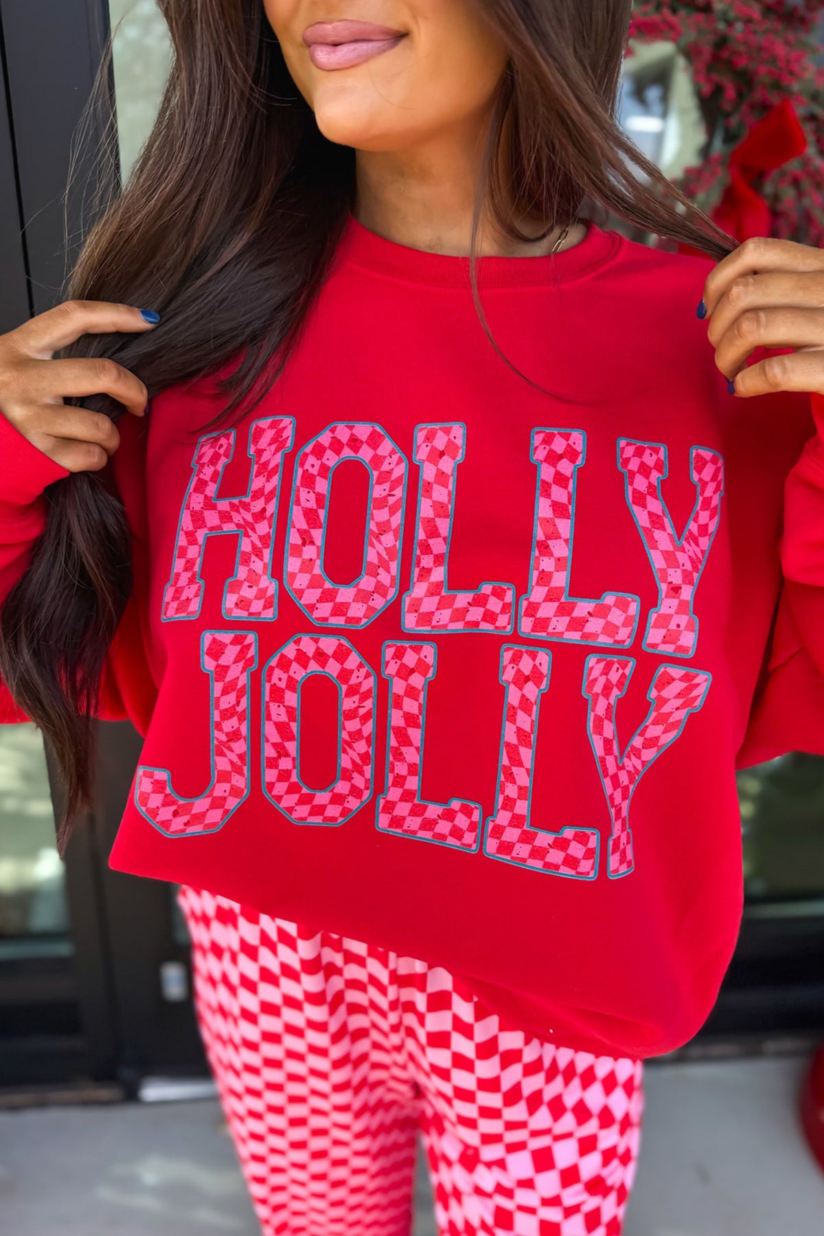 Women's Pink Christmas Slogan Graphic Plaid Contrast Two-piece Pants Set