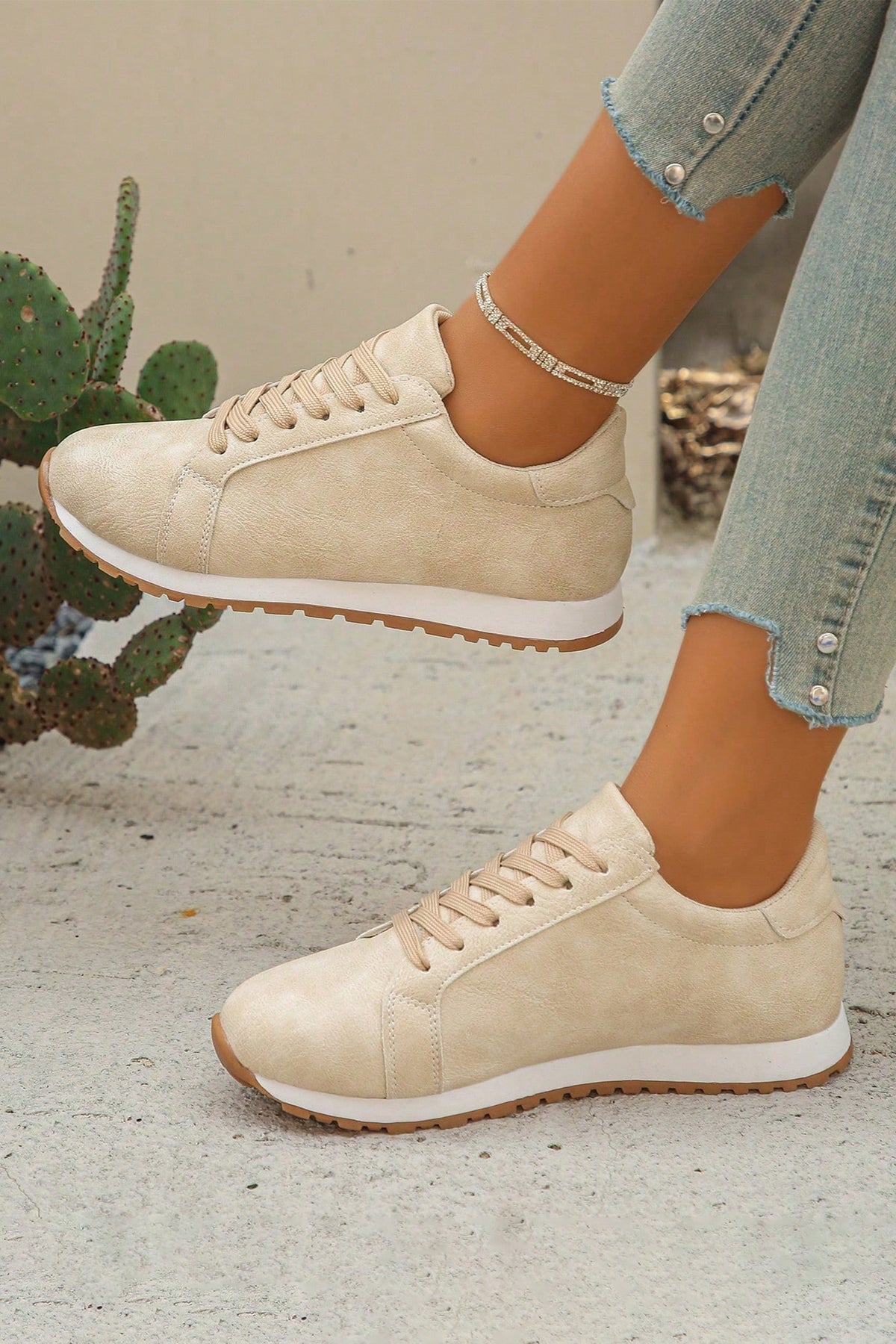 Beige Faux Suede Lace-up Sneakers