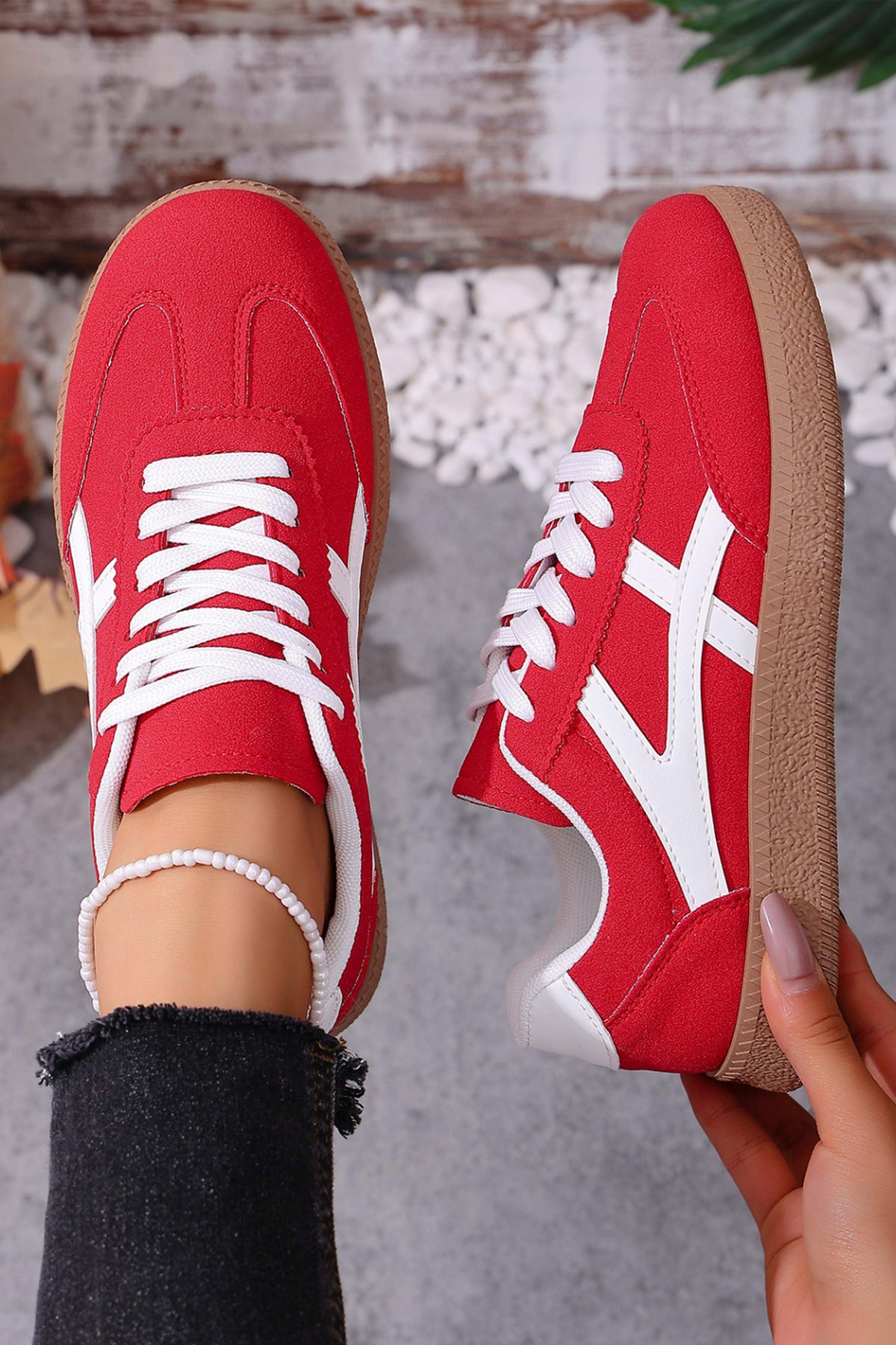 Racing Red Faux Suede Patchwork Lace-Up Sneakers