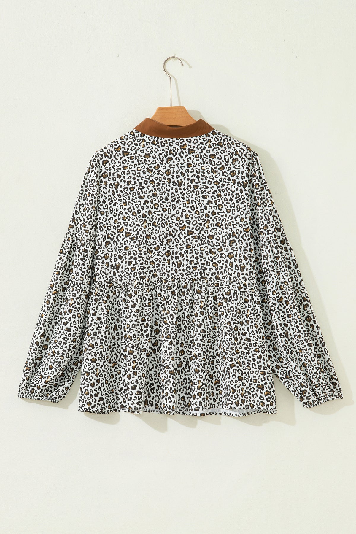 Khaki Plus Size Buttoned Contrast Trim Puff-Sleeve Leopard Print Blouse