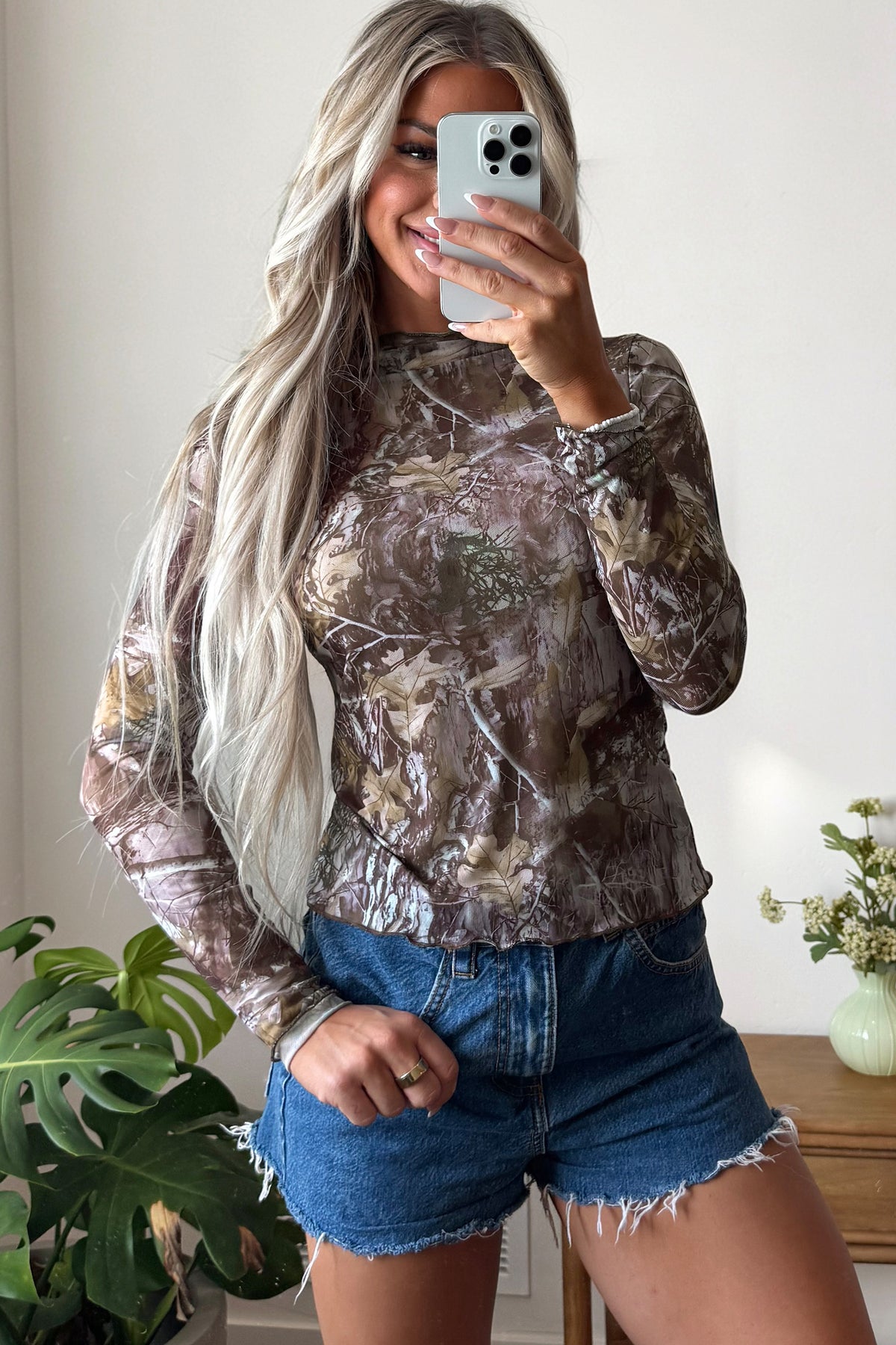 Apricot Floral Print Mesh Long Sleeve Mock Neck Top