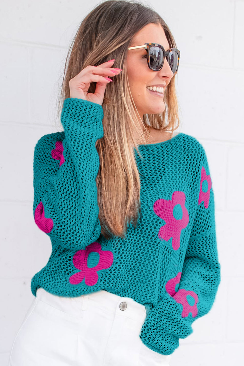 Light Pink Big Flower Hollowed Knit Drop Shoulder Sweater